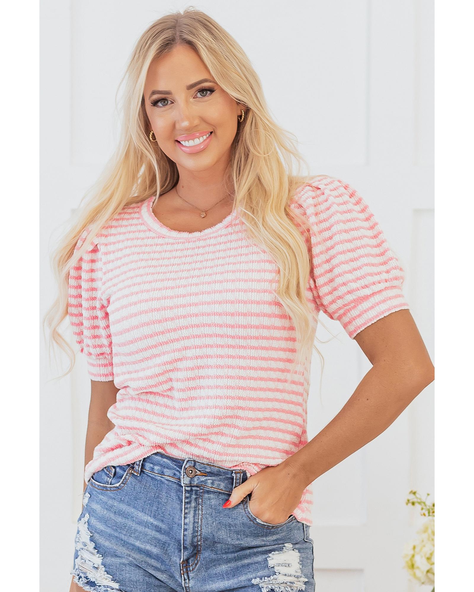V539-AZEXDC25129057-P1019-L-202508271010-00 Pink Stripe Textured Puff Sleeve Crewneck Top - L - Image 1