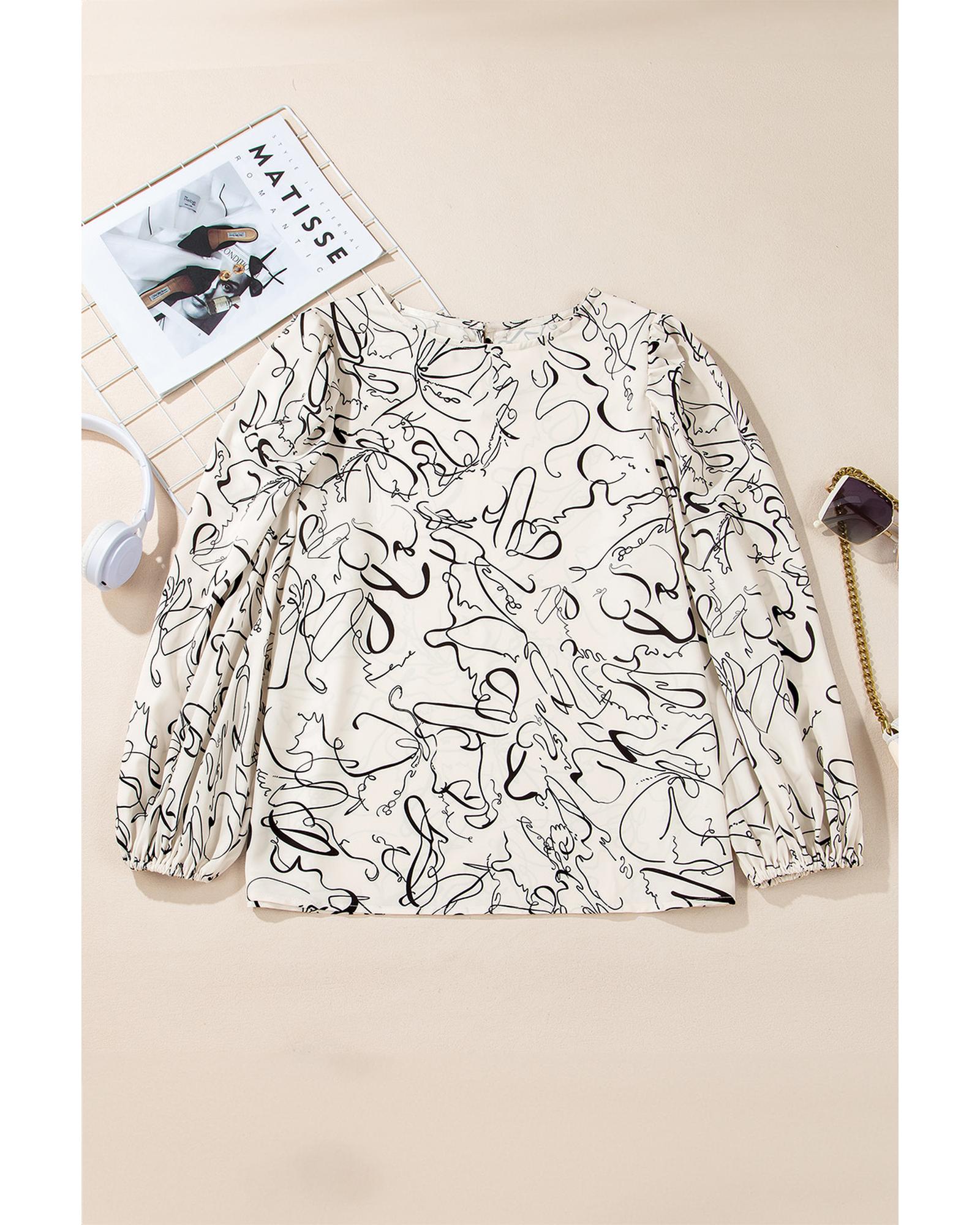 V539-AZEXDC25129110-P1520-L-202508270240-00 Beige Abstract Print Balloon Sleeve Crew Neck Blouse - L - Image 1