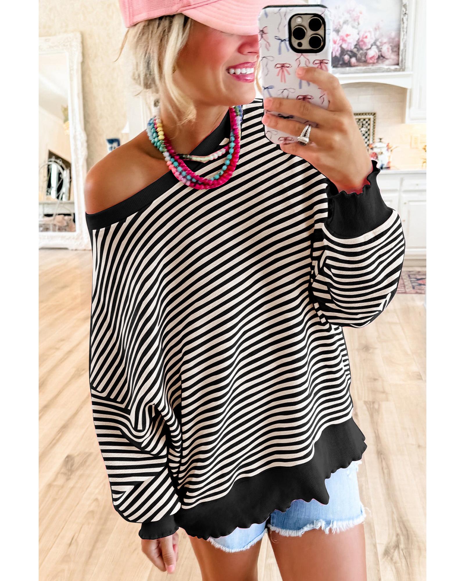 V539-AZEXDC25129121-P219-L-202508272025-00 Black Stripe Loose Drop Shoulder Long Sleeve Top - L - Image 1