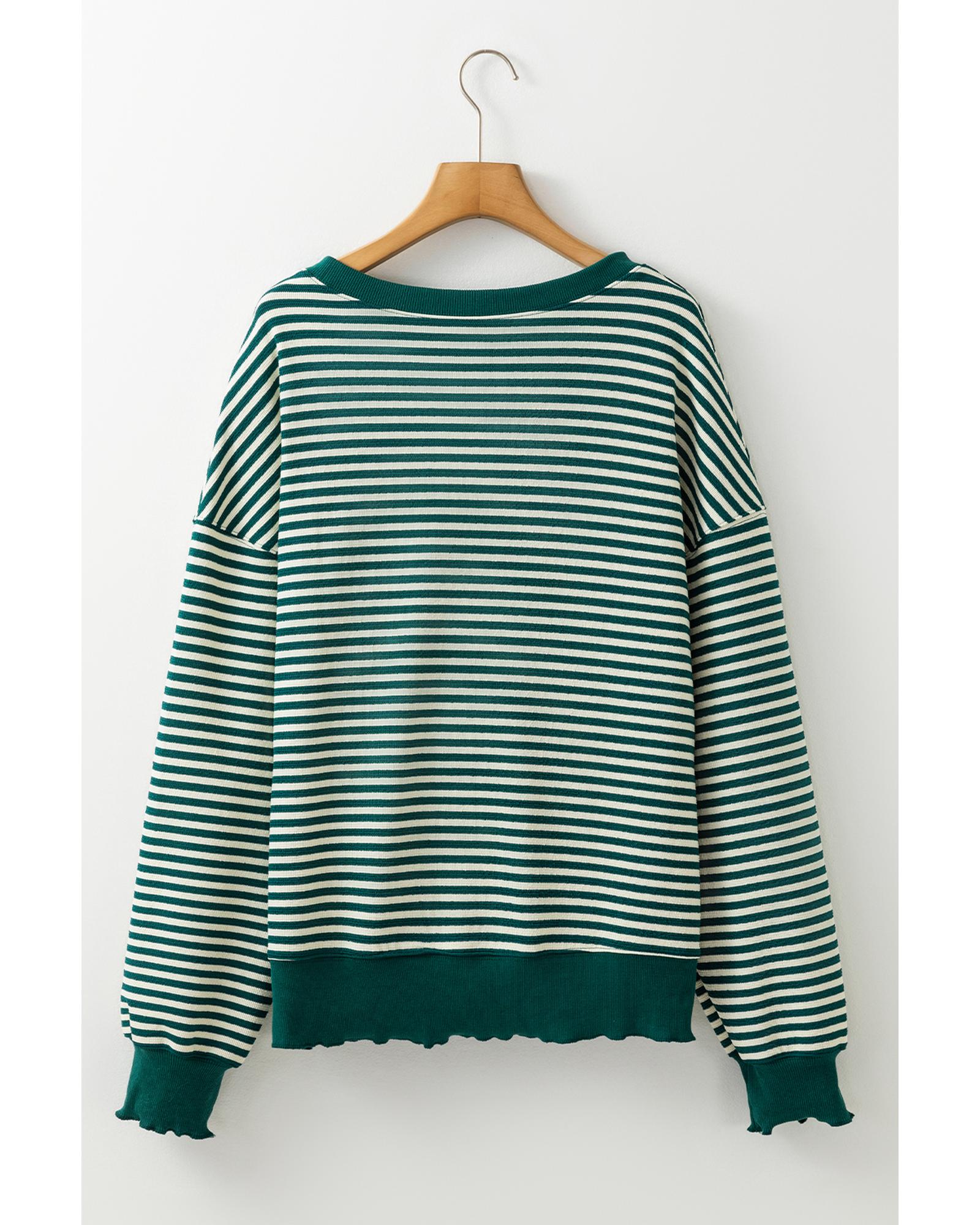 V539-AZEXDC25129121-P919-XL-202508271140-00 Green Stripe Loose Drop Shoulder Long Sleeve Top - XL - Image 1