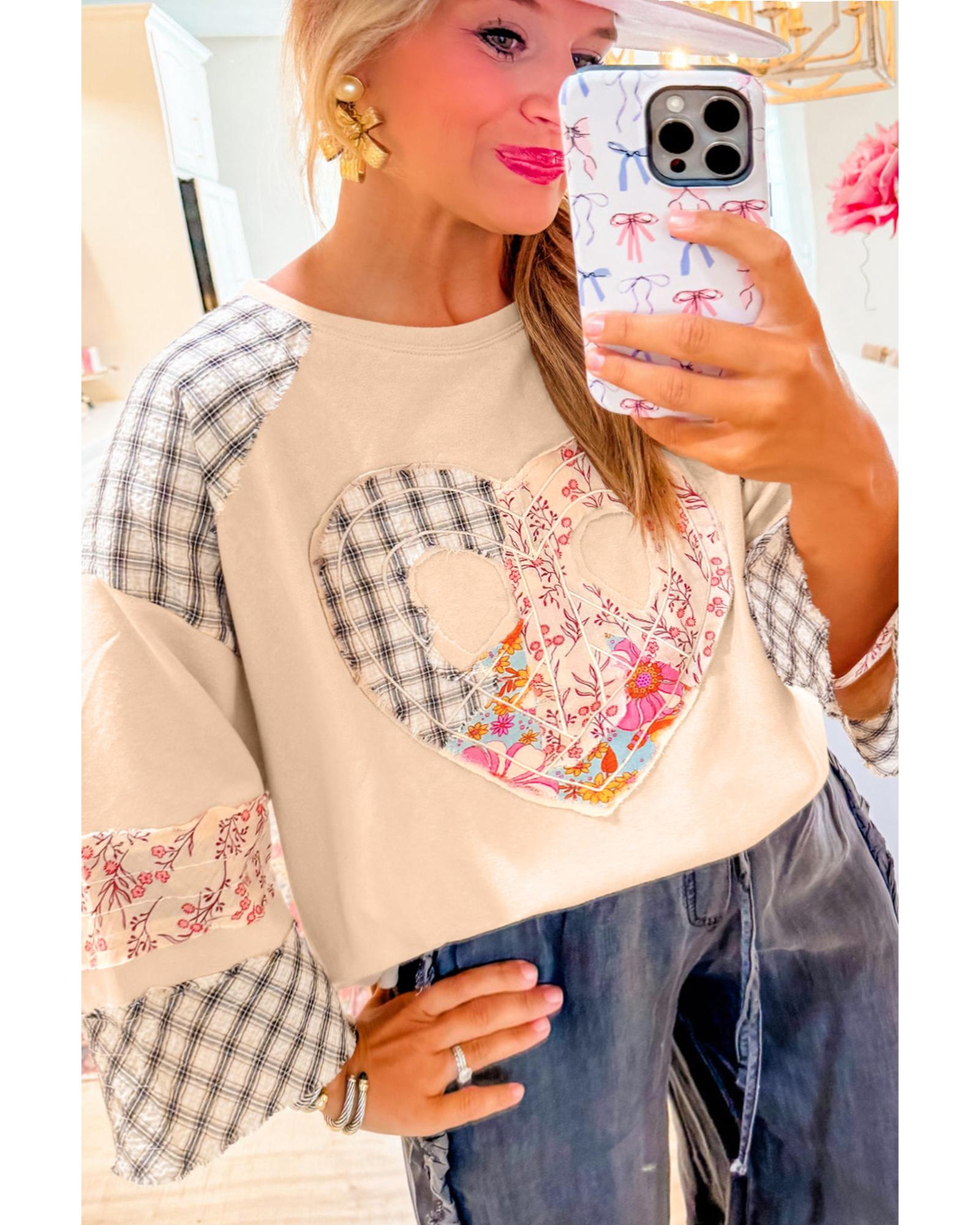 V539-AZEXDC25129122-P15-XL-202506120506-00 Beige Plaid Floral Peace Heart Graphic Wide Long Sleeve Top - XL - Image 1