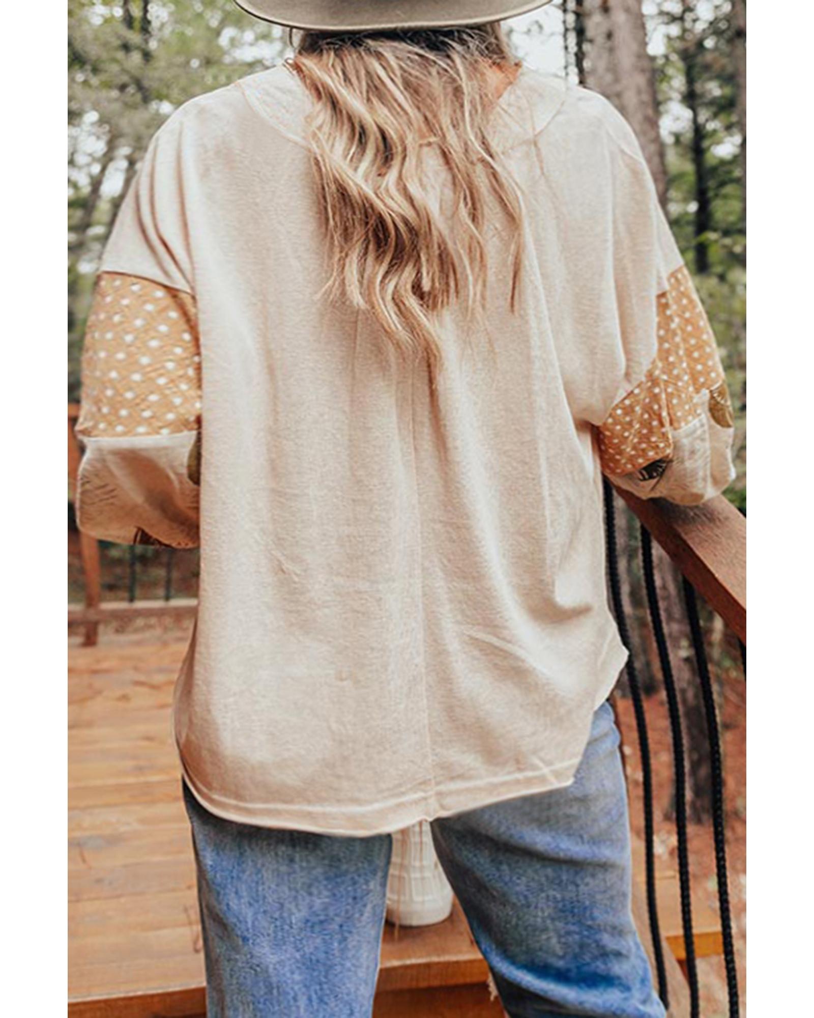 V539-AZEXDC25129124-P2015-3XL-202508270400-00 Jet Stream Palm Leaves Polka Dot Puff Sleeve Patchwork V Neck Loose Blouse - 3XL - Image 1