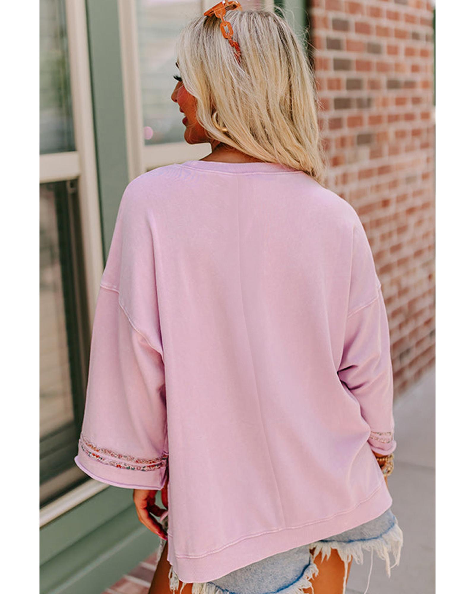V539-AZEXDC25129149-P1010-XL-202508271600-00 Light Pink Floral Peace Sign Graphic Drop Shoulder Wide Sleeve Casual Top - XL - Image 1