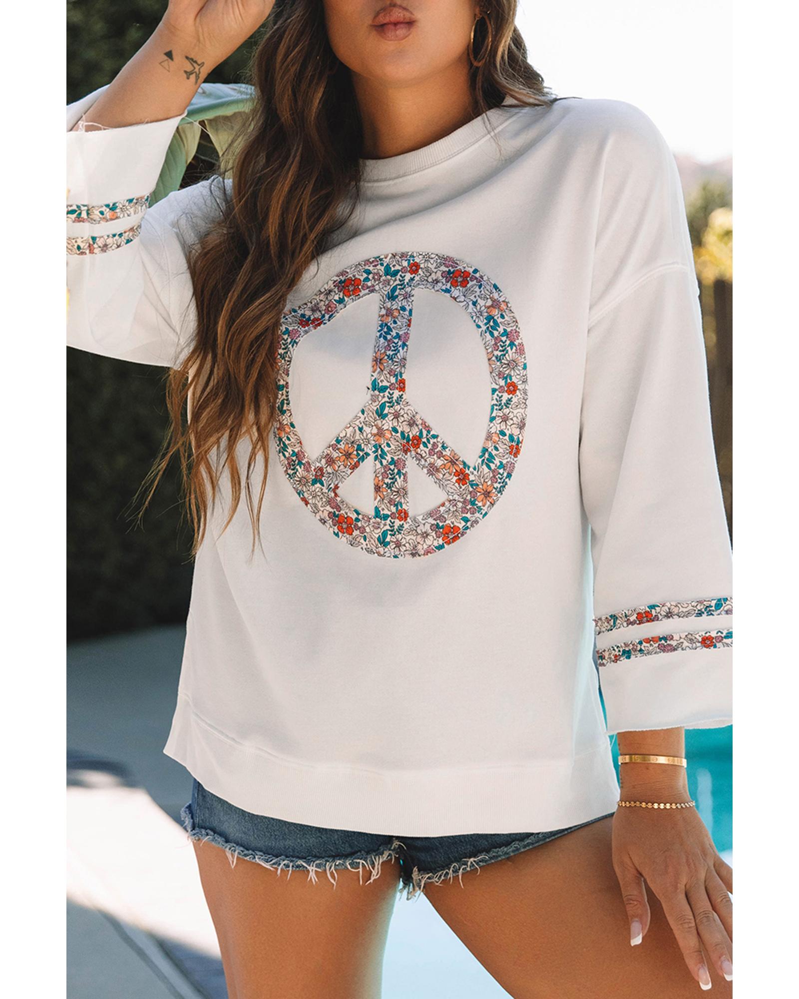 V539-AZEXDC25129149-P2015-L-202508271700-00 Jet Stream Floral Peace Sign Graphic Drop Shoulder Wide Sleeve Casual Top - L - Image 1