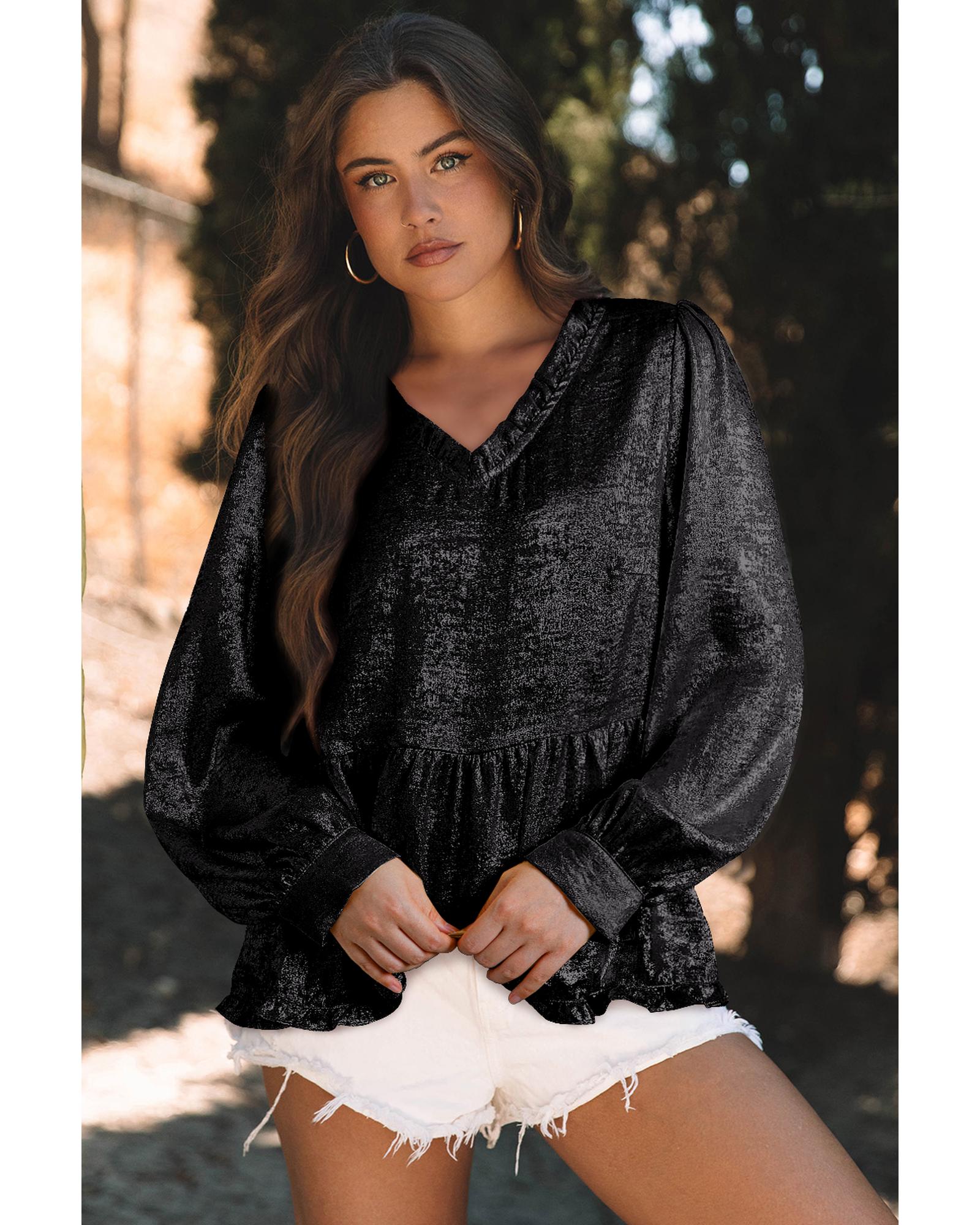 V539-AZEXDC25129163-P2-S-202506120615-00 Black Metallic Frilled V Neck Puff Sleeve Babydoll Blouse - S - Image 1