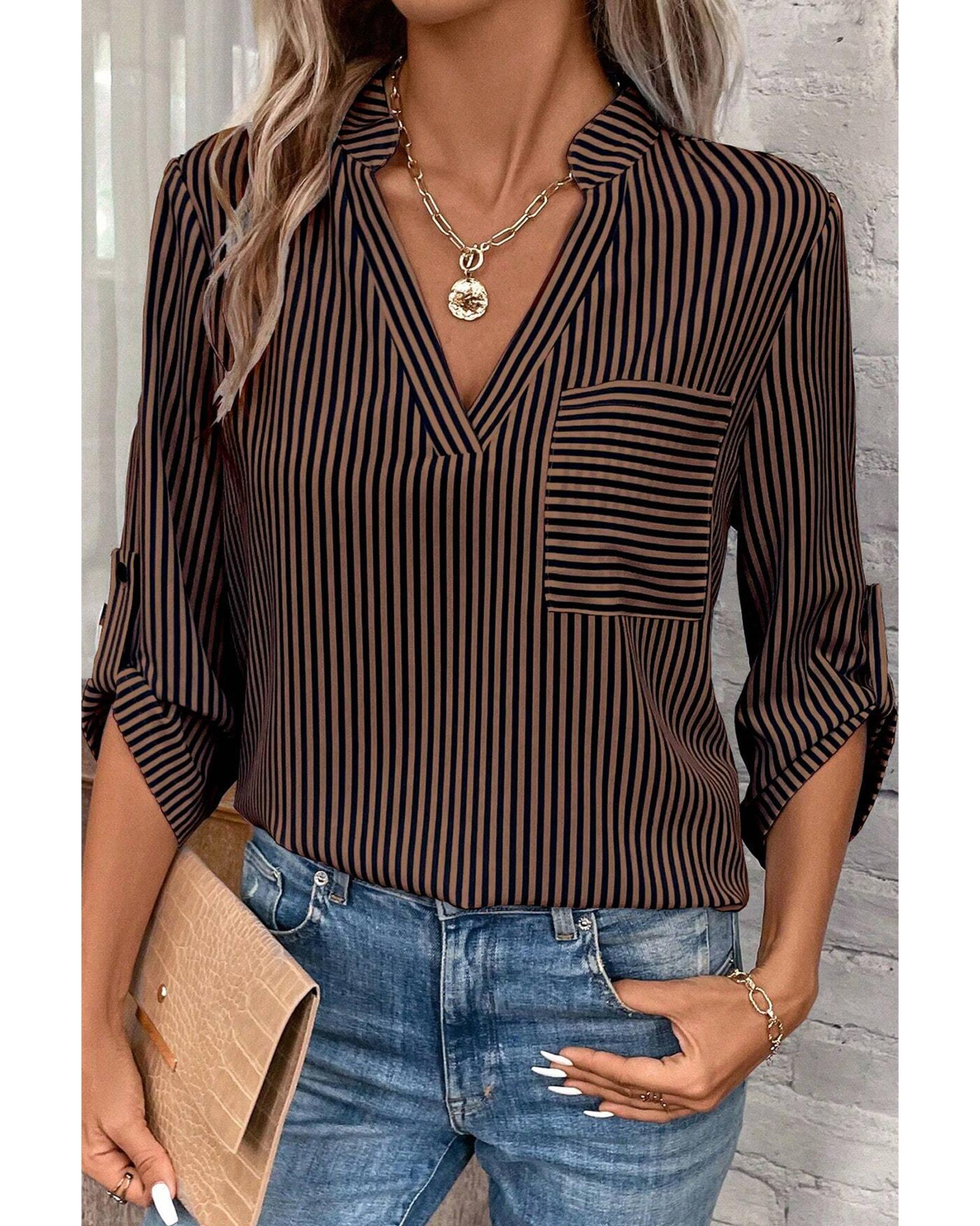 V539-AZEXDC25129190-P1719-S-202506120712-00 Brown Stripe V Neck Roll Up Sleeve Pocket Patched Classic Shirt - S - Image 1