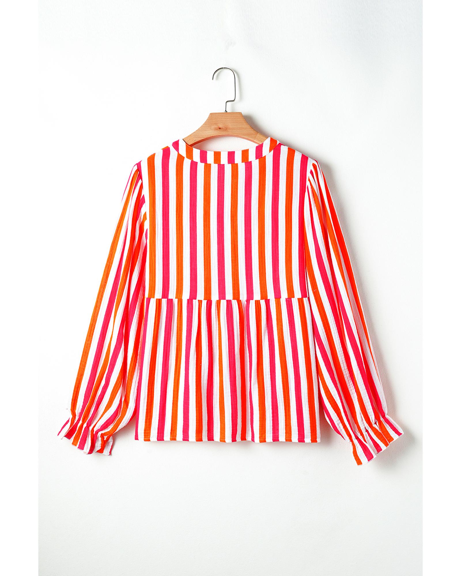 Orange Stripe Balloon Sleeve Notched V Neck Buttoned Front Blouse - XL