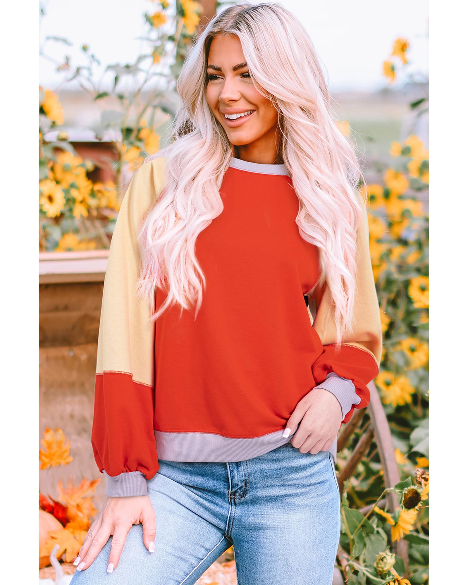 V539-AZEXDC25129215-P1422-S-202506120731-00 Orange Color Block Side Slits Raglan Sleeve Loose Fit Top - S - Image 1