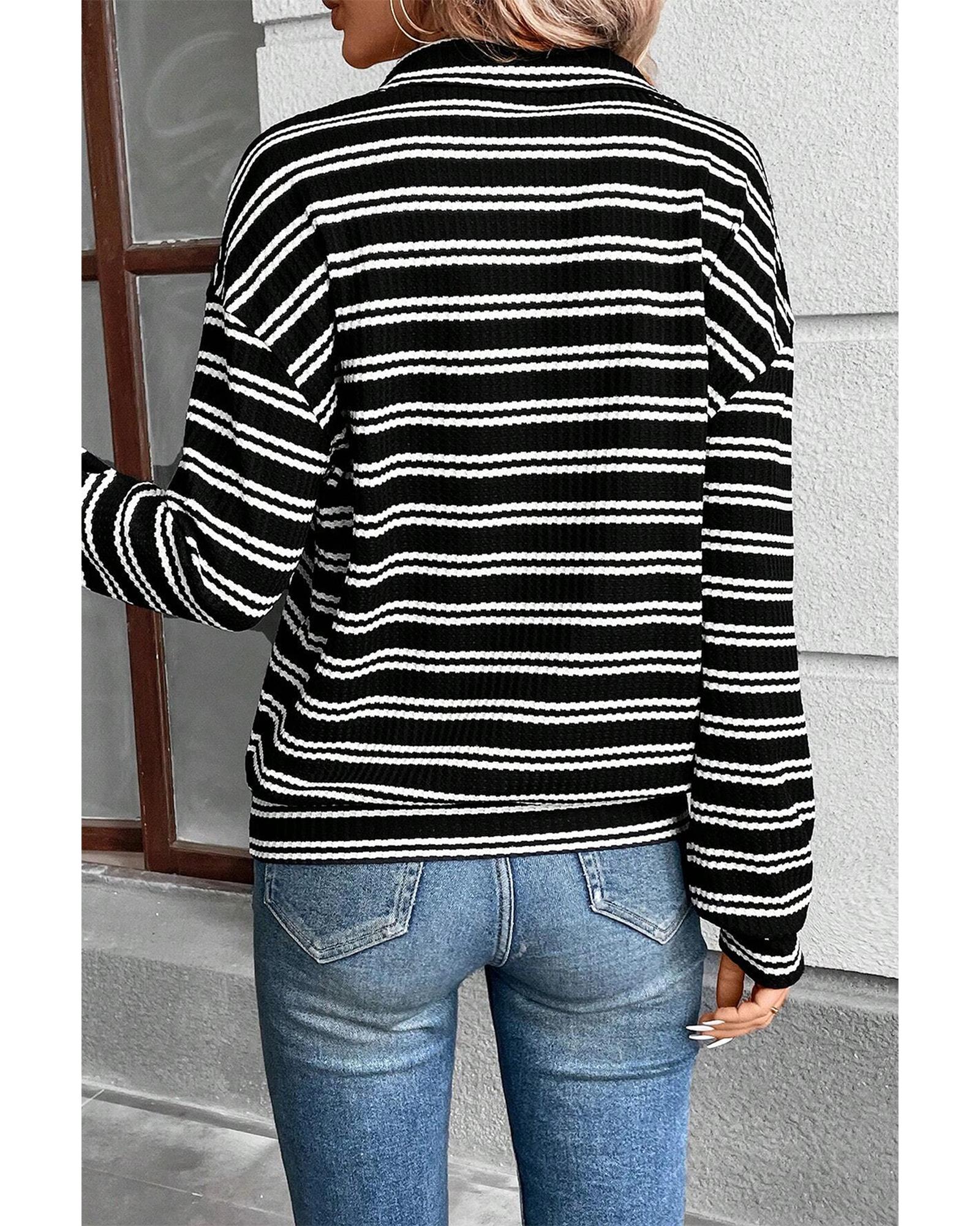 V539-AZEXDC25129223-P219-XL-202508270955-00 Black Stripe Textured Quarter Zip Collar Long Sleeve Top - XL - Image 1