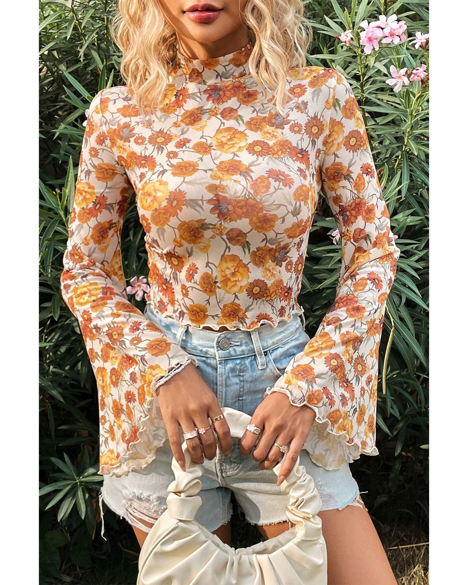 V539-AZEXDC25129230-P1420-L-202508271125-00 Orange Floral Printed Bell Sleeve Mock Neck Scallop Trim Blouse - L - Image 1