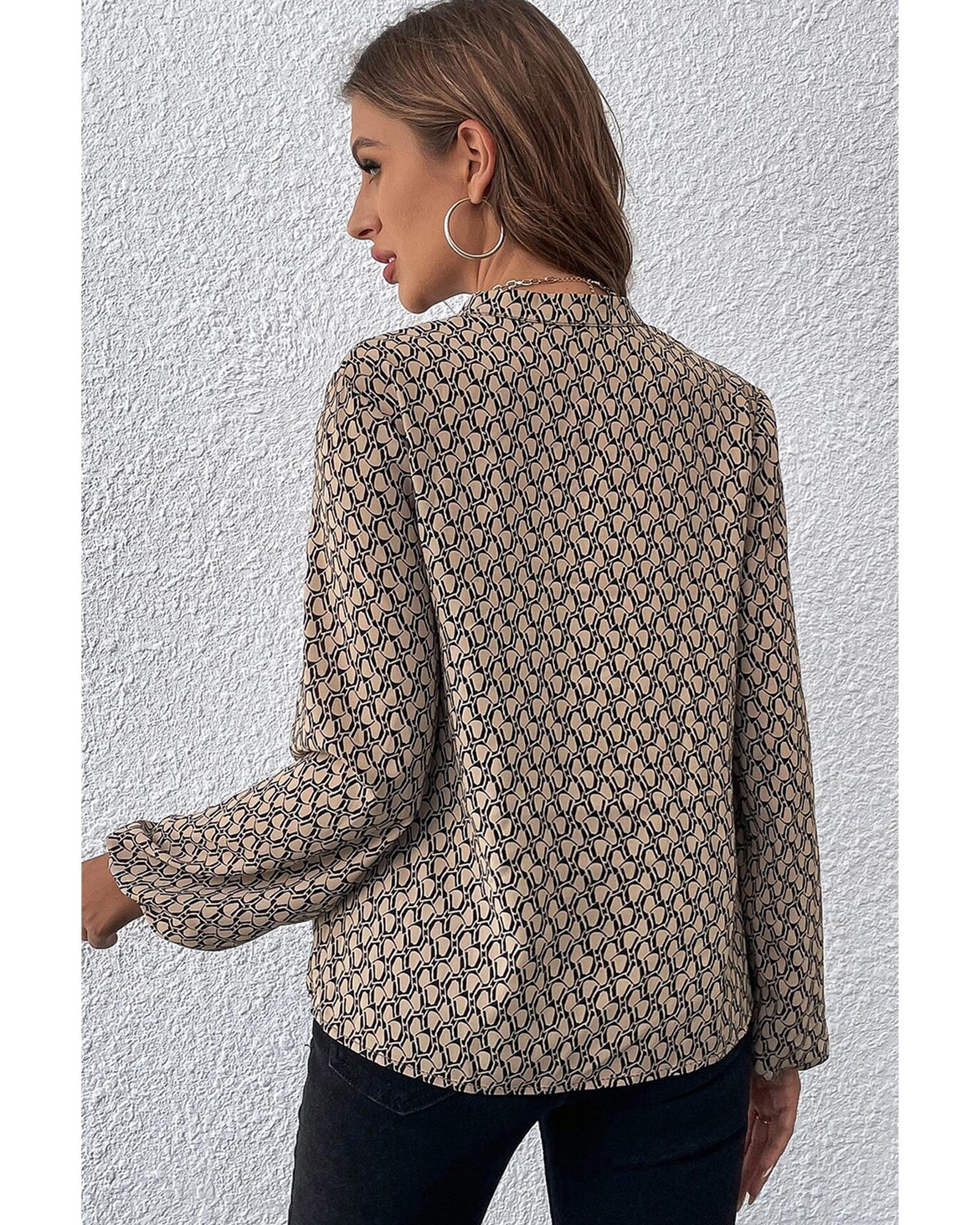 V539-AZEXDC25129254-P1620-L-202508272245-00 Khaki Geometric Print Notched Neck Puff Sleeve Blouse - L - Image 1