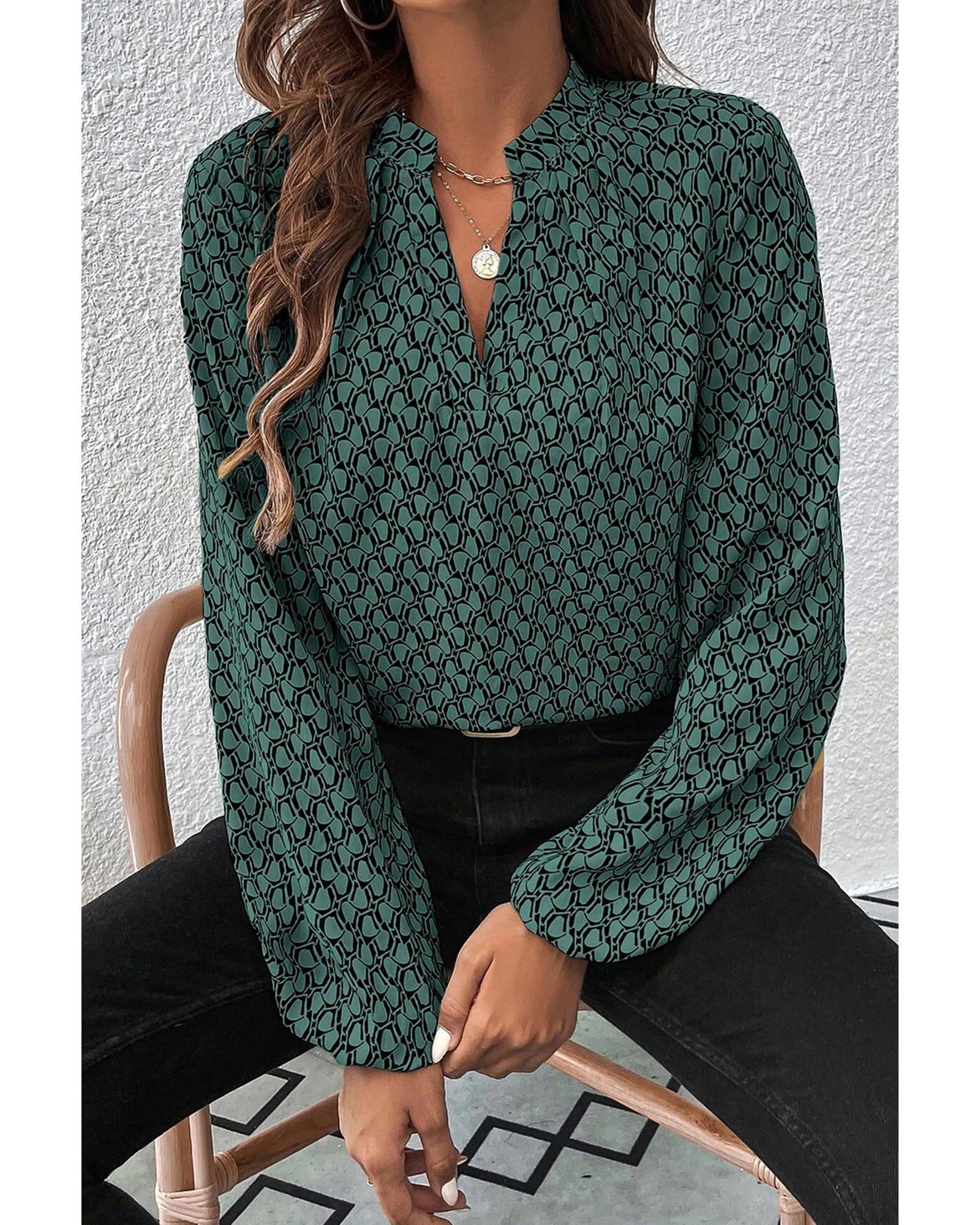 V539-AZEXDC25129254-P920-L-202508270525-00 Green Geometric Print Notched Neck Puff Sleeve Blouse - L - Image 1