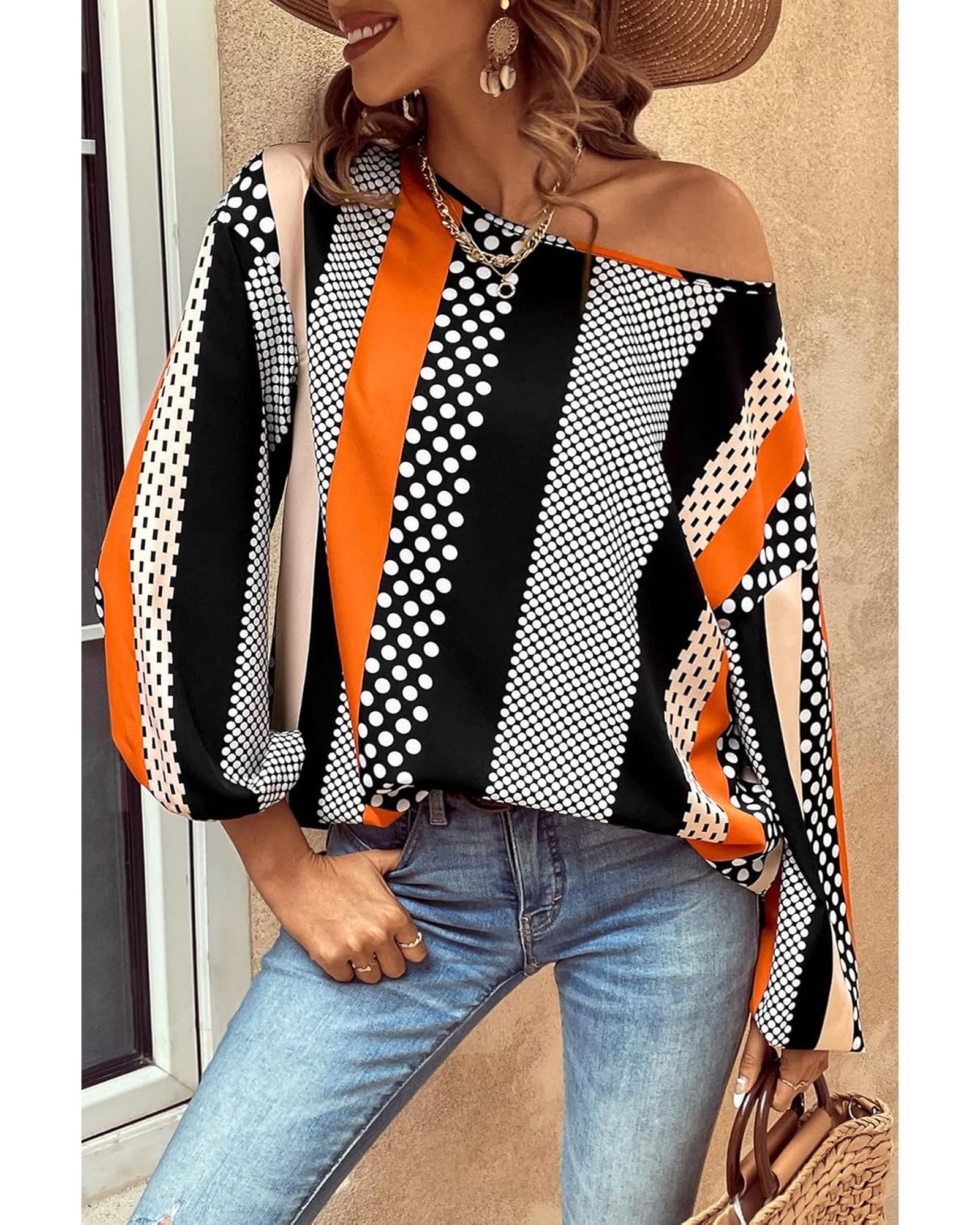 V539-AZEXDC25129282-P1422-XL-202508271900-00 Orange Polka Dot Vertical Striped Printed Puff Sleeve Blouse - XL - Image 1