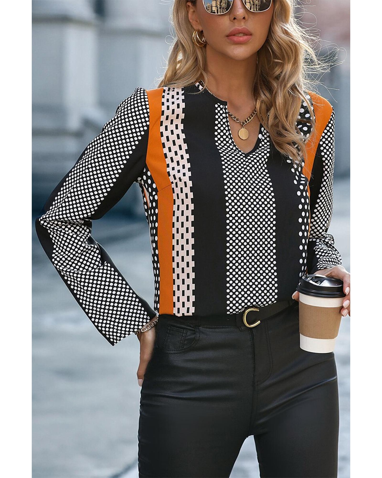 V539-AZEXDC25129283-P1422-L-202508272100-00 Orange Geo Print Colorblock Notched V Neck Blouse - L - Image 1