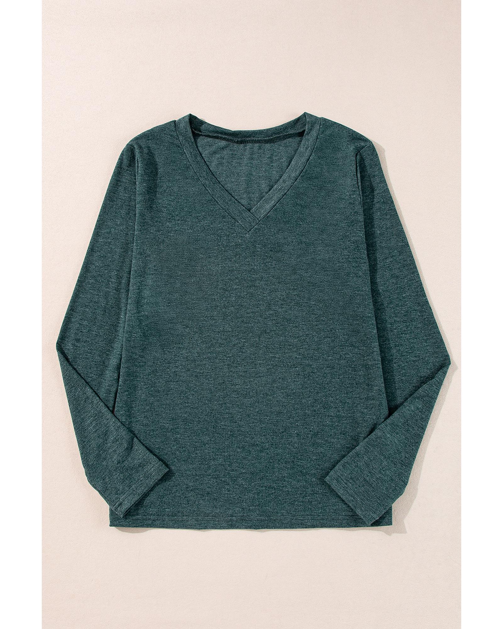 V539-AZEXDC25129298-P509-L-202508270915-00 Mist Green Solid Color Long Sleeve V Neck Top - L - Image 1