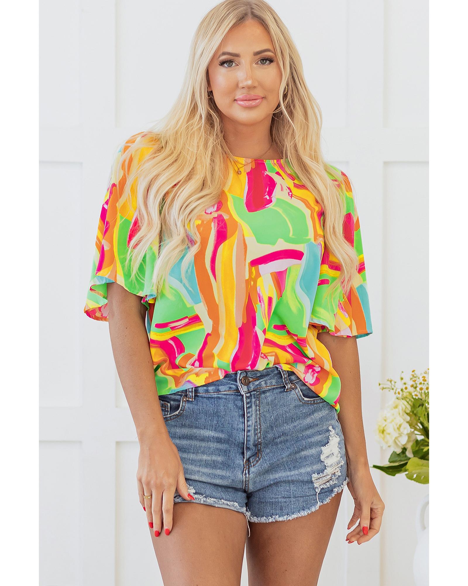 V539-AZEXDC25129426-P22-S-202506120320-00 Multicolour Abstract Print Keyhole Back Pleated Half Sleeve Blouse - S - Image 1