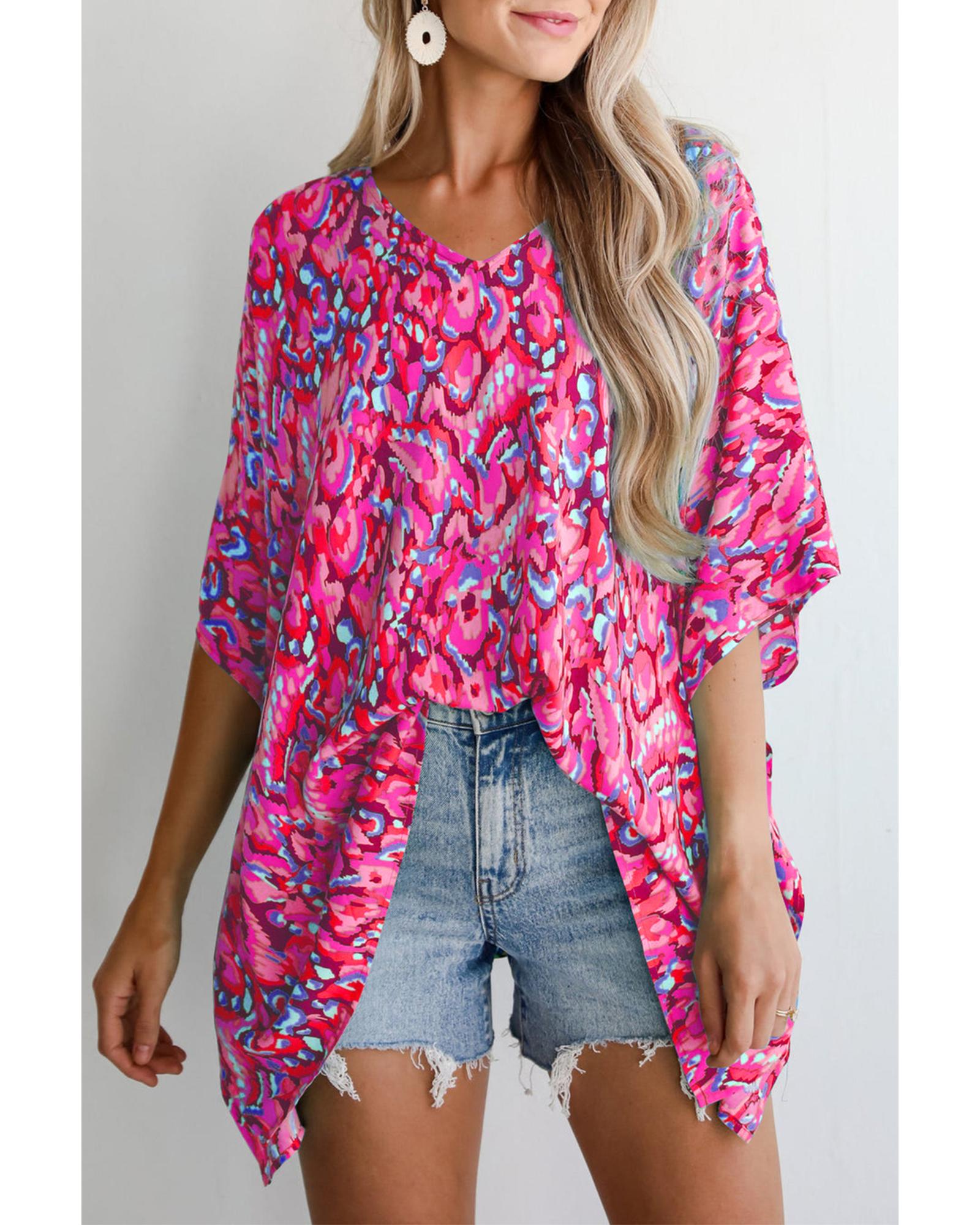 V539-AZEXDC25129427-P1020-XL-202508270240-00 Pink Abstract Print V Neck Half Sleeve Loose Fit Tunic Blouse - XL - Image 1
