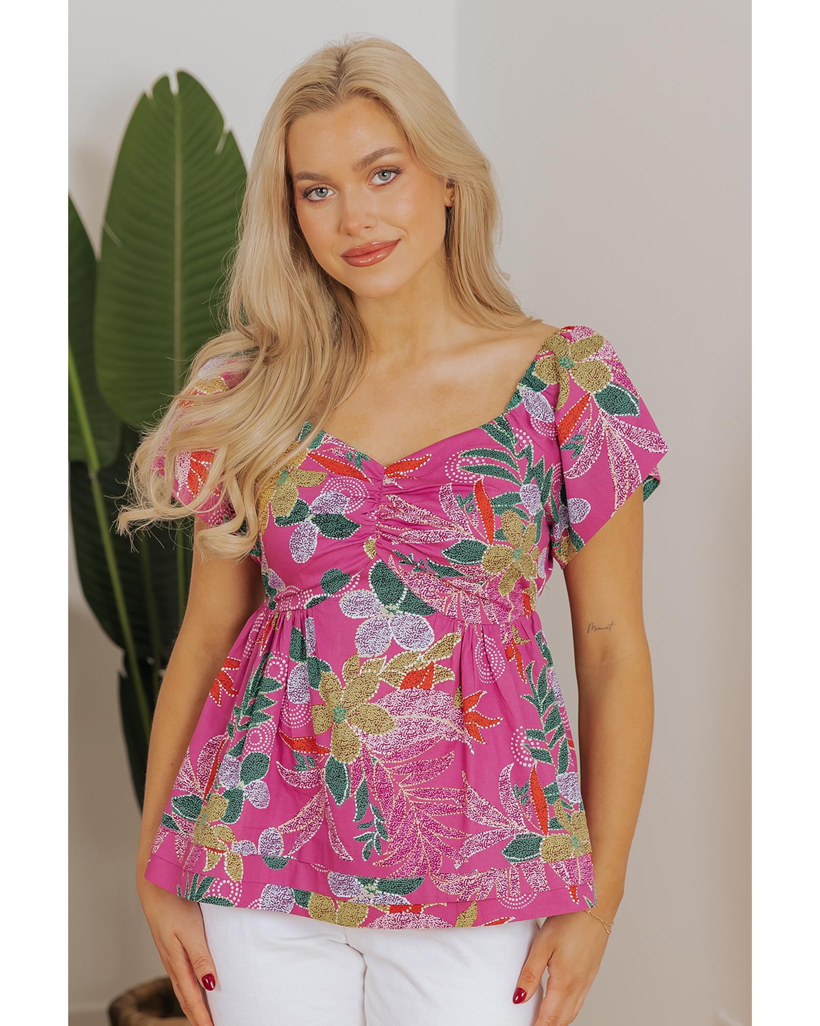 V539-AZEXDC25129429-P820-M-202508271320-00 Purple Floral Print Sweetheart Neck Flutter Sleeve Blouse - M - Image 1