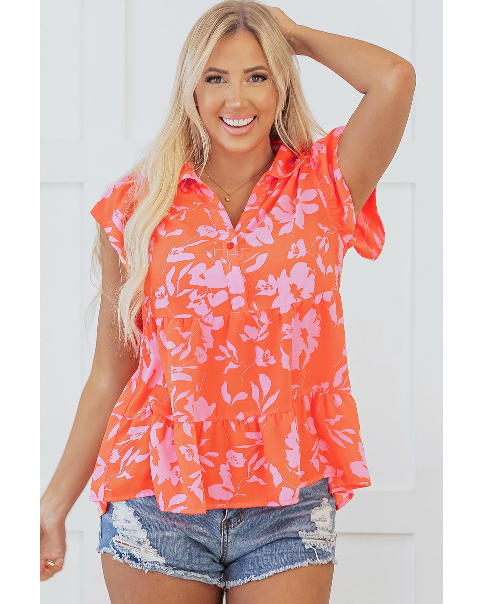 V539-AZEXDC25129431-P1420-L-202508271805-00 Orange Floral Print Collared Button Neckline Flutter Sleeve Blouse - L - Image 1