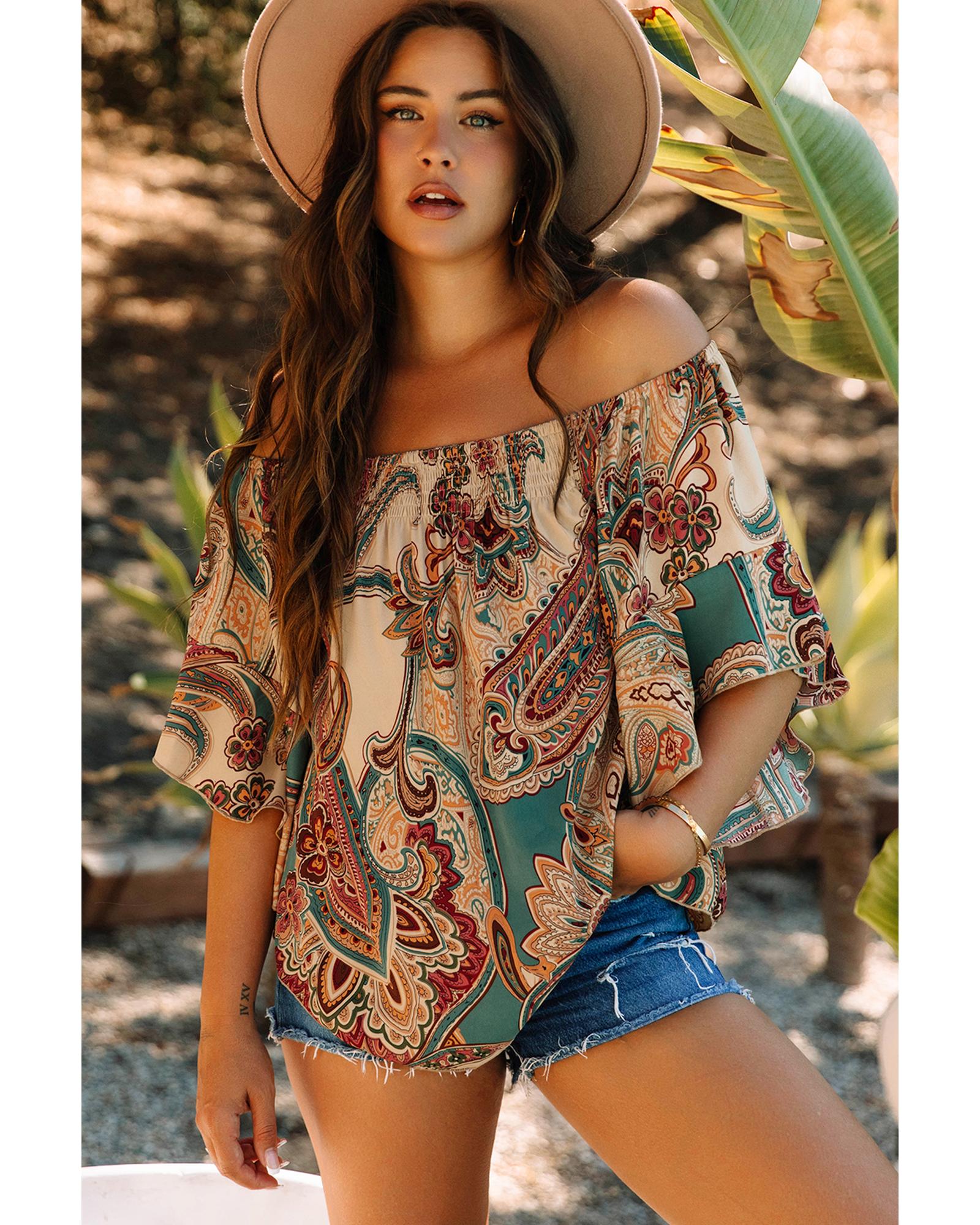 V539-AZEXDC25129433-P1820-S-202506120405-00 Apricot Paisley Printed Shirred Off Shoulder Ruffled Draped Sleeve Blouse - S - Image 1