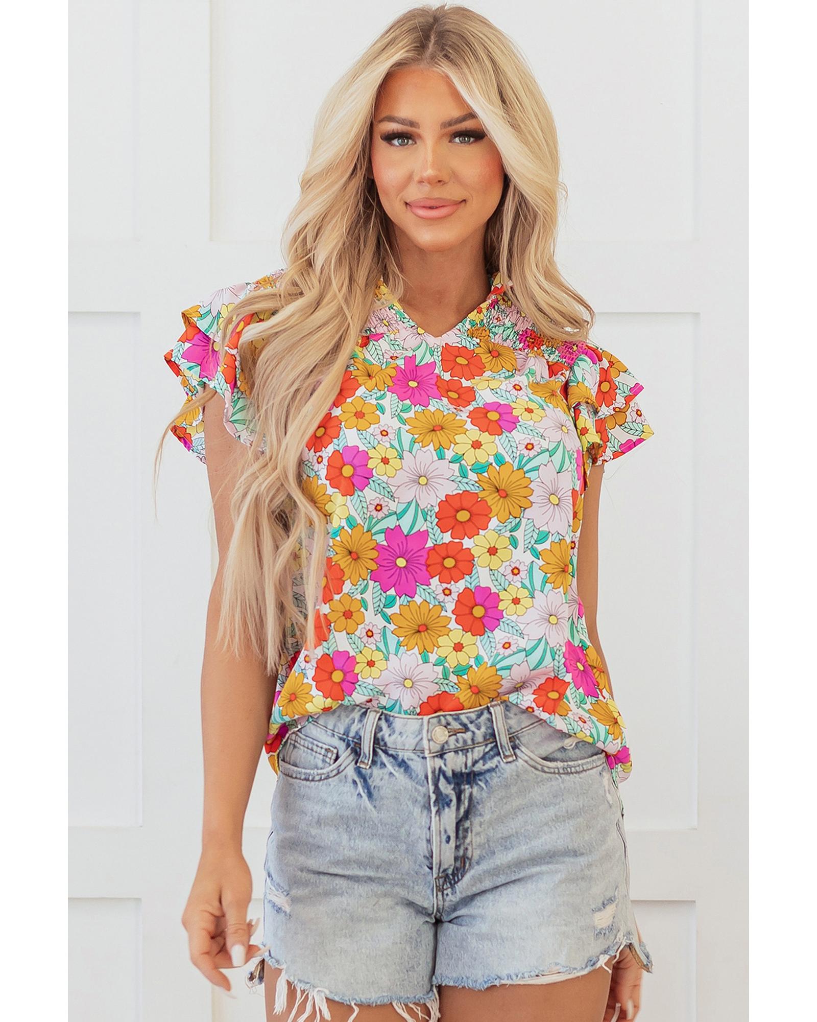 V539-AZEXDC25129438-P720-M-202508272300-00 Yellow Floral Print Shirred Tiered Ruffled Sleeve Blouse - M - Image 1