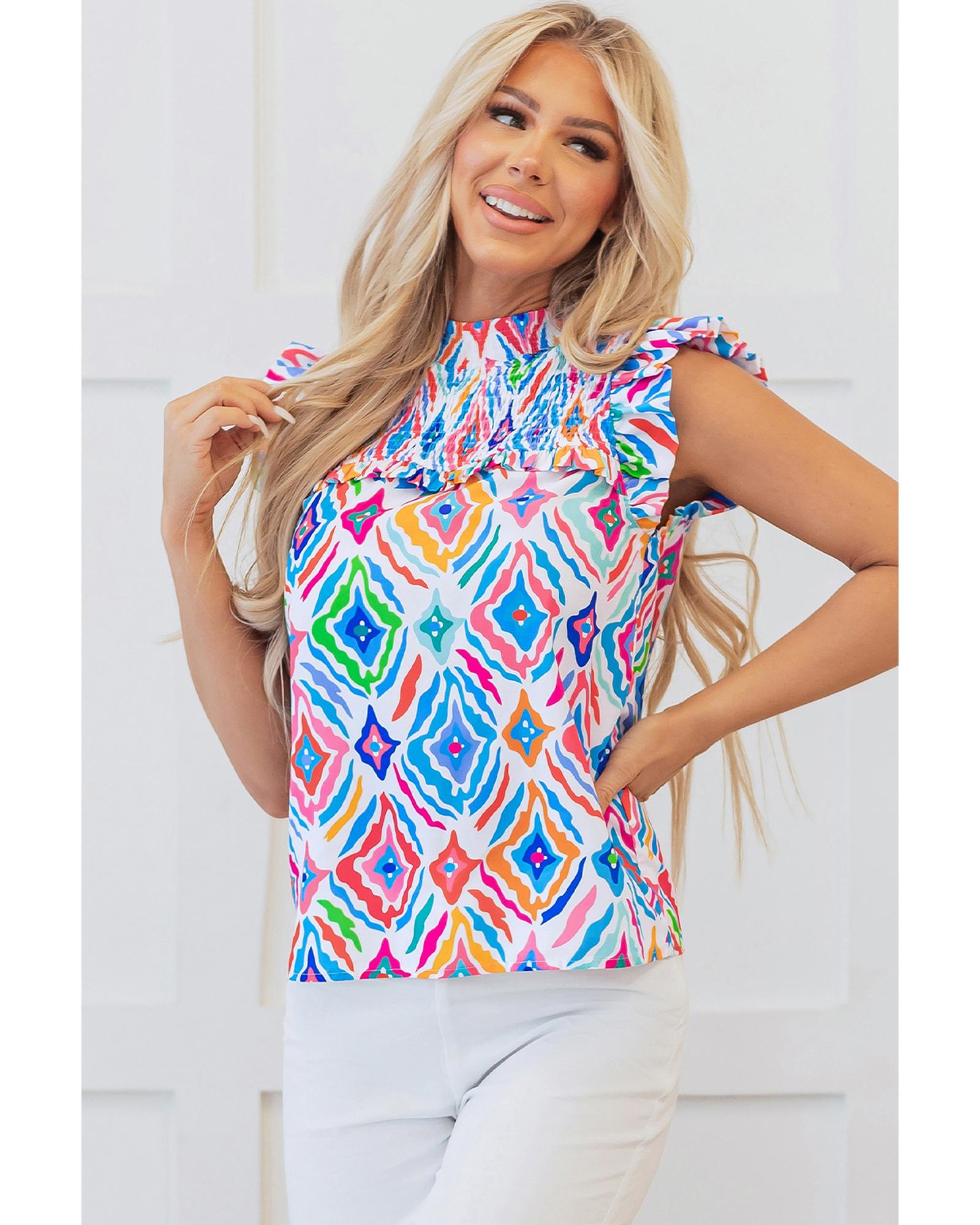 V539-AZEXDC25129441-P422-S-202506120426-00 Light Blue Geometric Printed Flutter Sleeve Mock Neck Shirred Blouse - S - Image 1