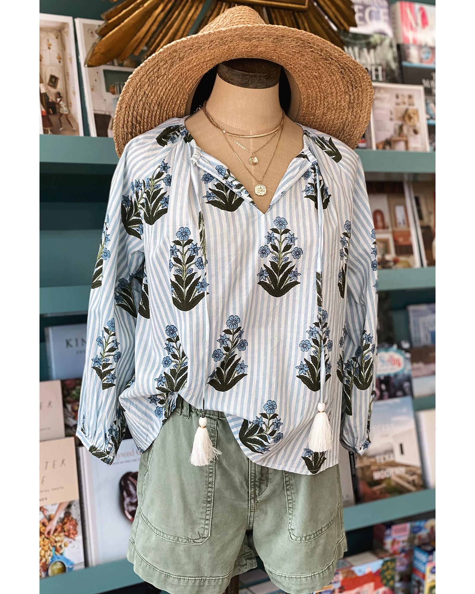 V539-AZEXDC25129450-P804-XL-202508271320-00 Beau Blue Striped Floral Printed Long Sleeve Tied V Neck Blouse - XL - Image 1