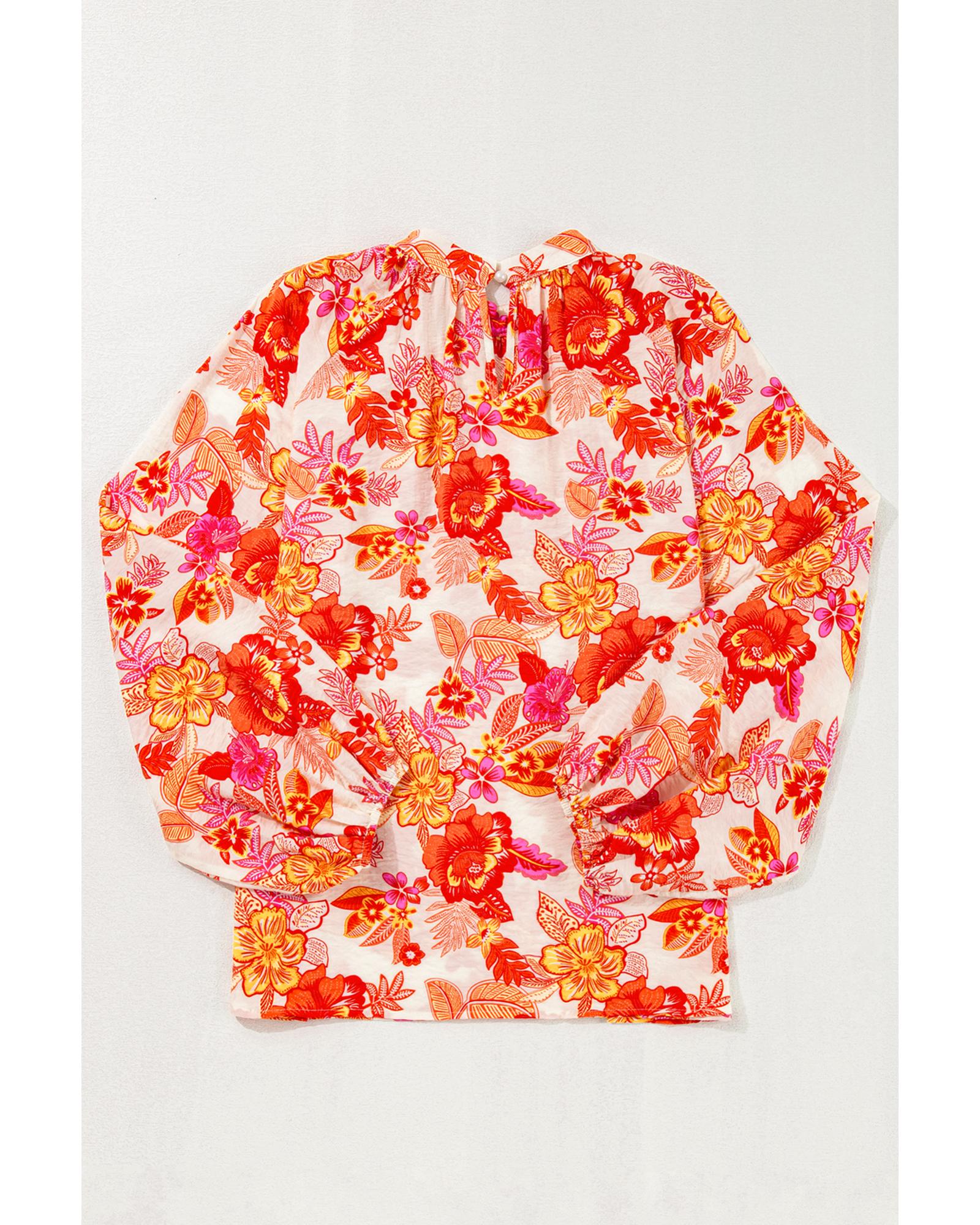 V539-AZEXDC25129502-P1420-XL-202508270525-00 Orange Floral Print Pearl Button Keyhole Long Puff Sleeve Blouse - XL - Image 1