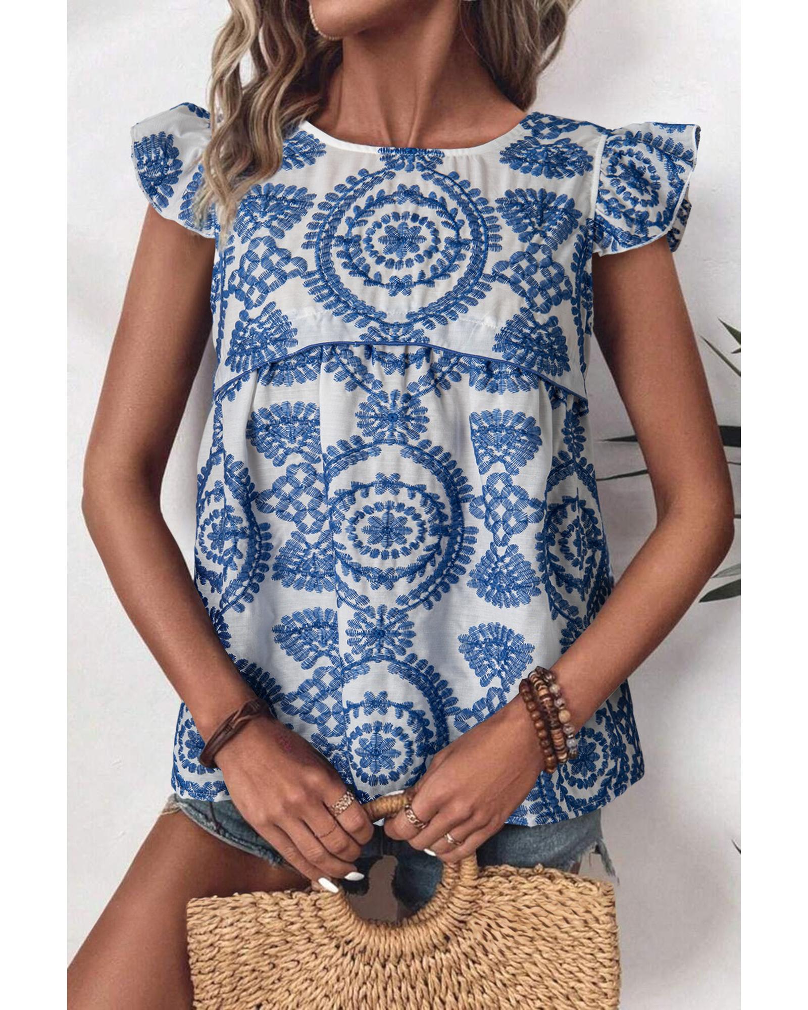 V539-AZEXDC25129504-P520-M-202508270850-00 Blue Boho Print Flutter Sleeve Crew Neck Blouse - M - Image 1