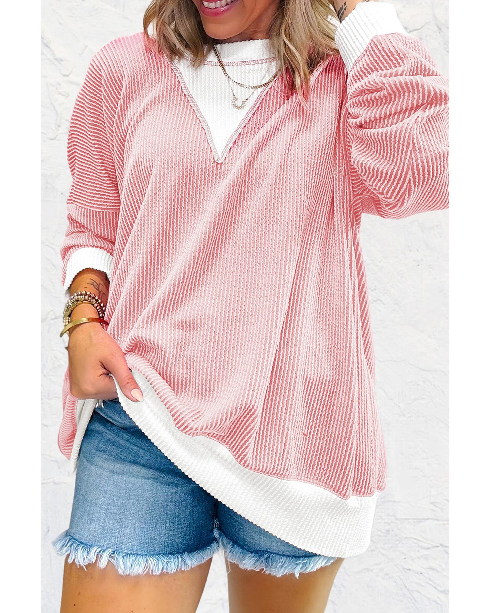 Peach Blossom Corded Colorblock Drop Shoulder Loose Top - M