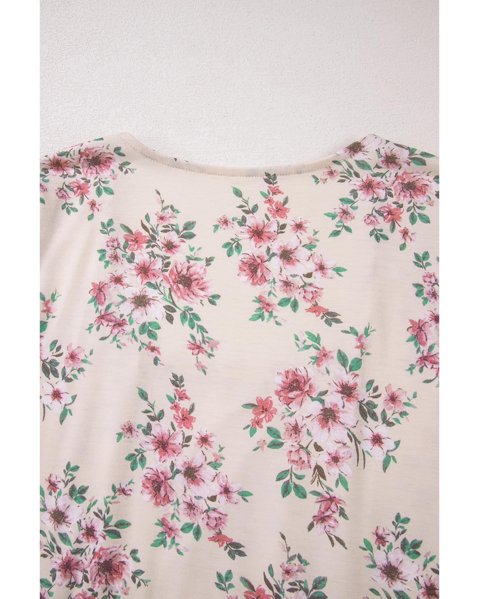 V539-AZEXDC25129540-P1020-XL-202508270710-00 Pink Floral Print Pleated U Neck Loose Fit Blouse - XL - Image 1