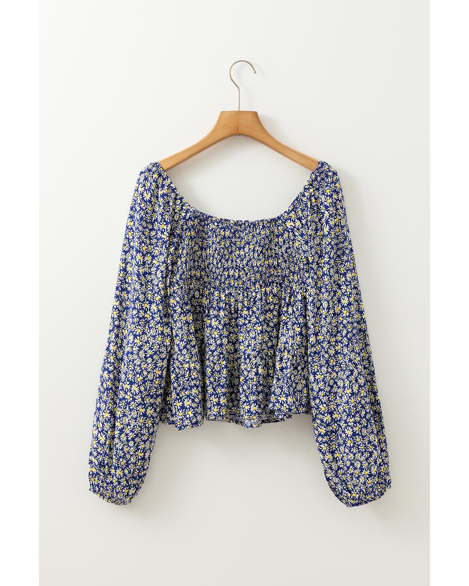 V539-AZEXDC25129542-P520-XL-202508271755-00 Blue Boho Floral Print Smocked Square Neck Loose Fit Blouse - XL - Image 1