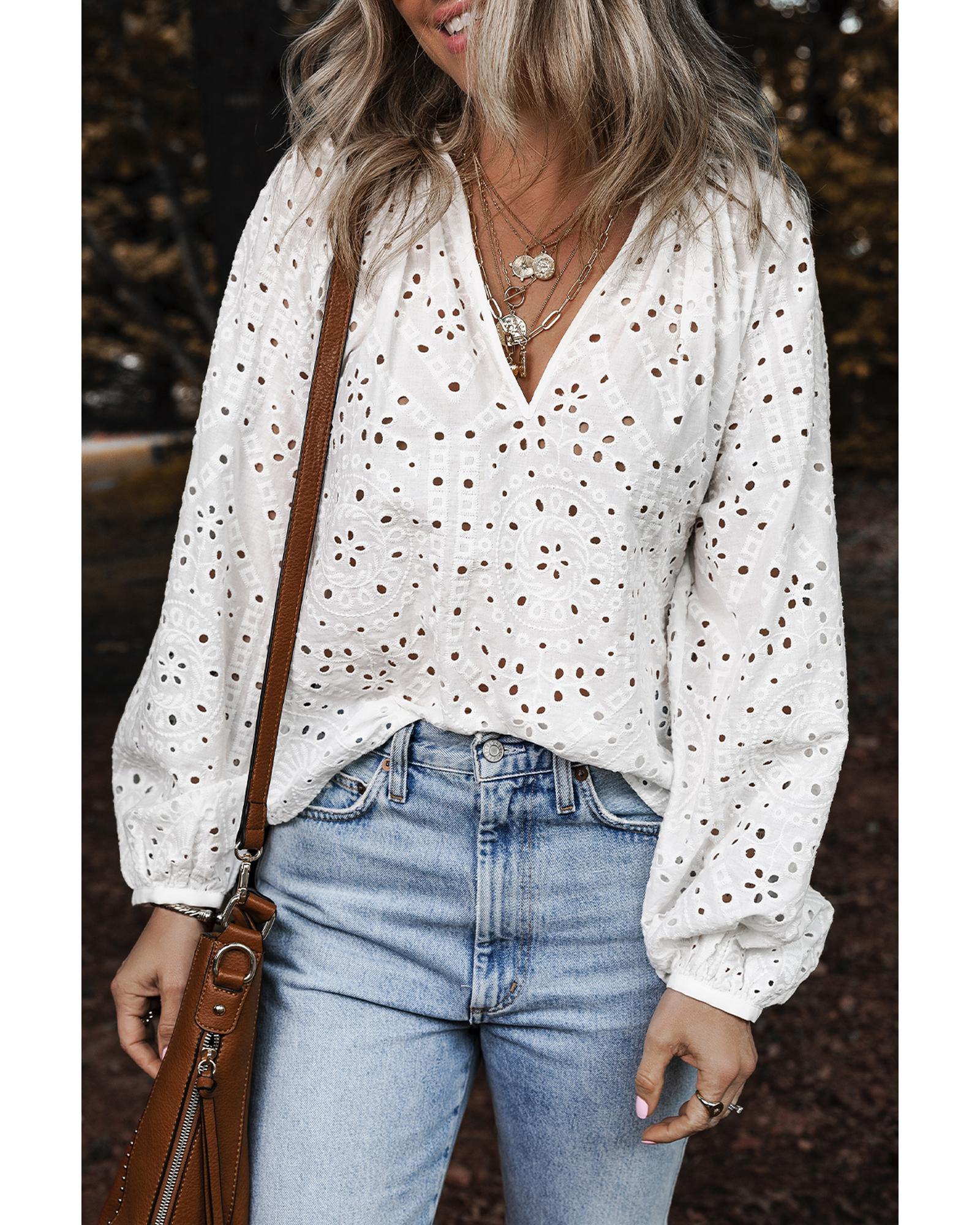 V539-AZEXDC25129549-P1-XL-202508272320-00 White Eyelet Embroidered Puff Sleeve V Neck Blouse - XL - Image 1
