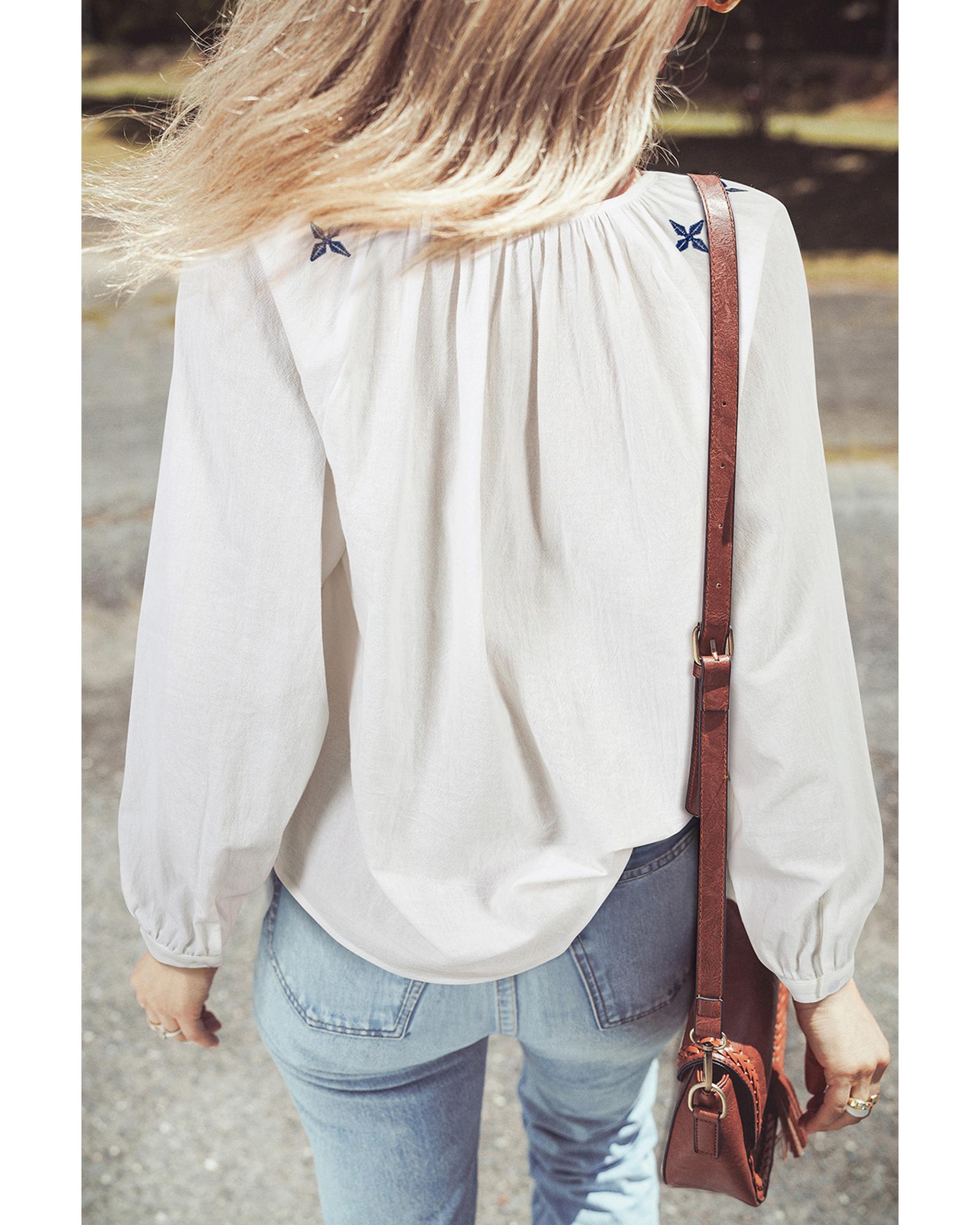 V539-AZEXDC25129565-P1-M-202508271930-00 White Geometric Embroidered Long Sleeve Buttoned Blouse - M - Image 1