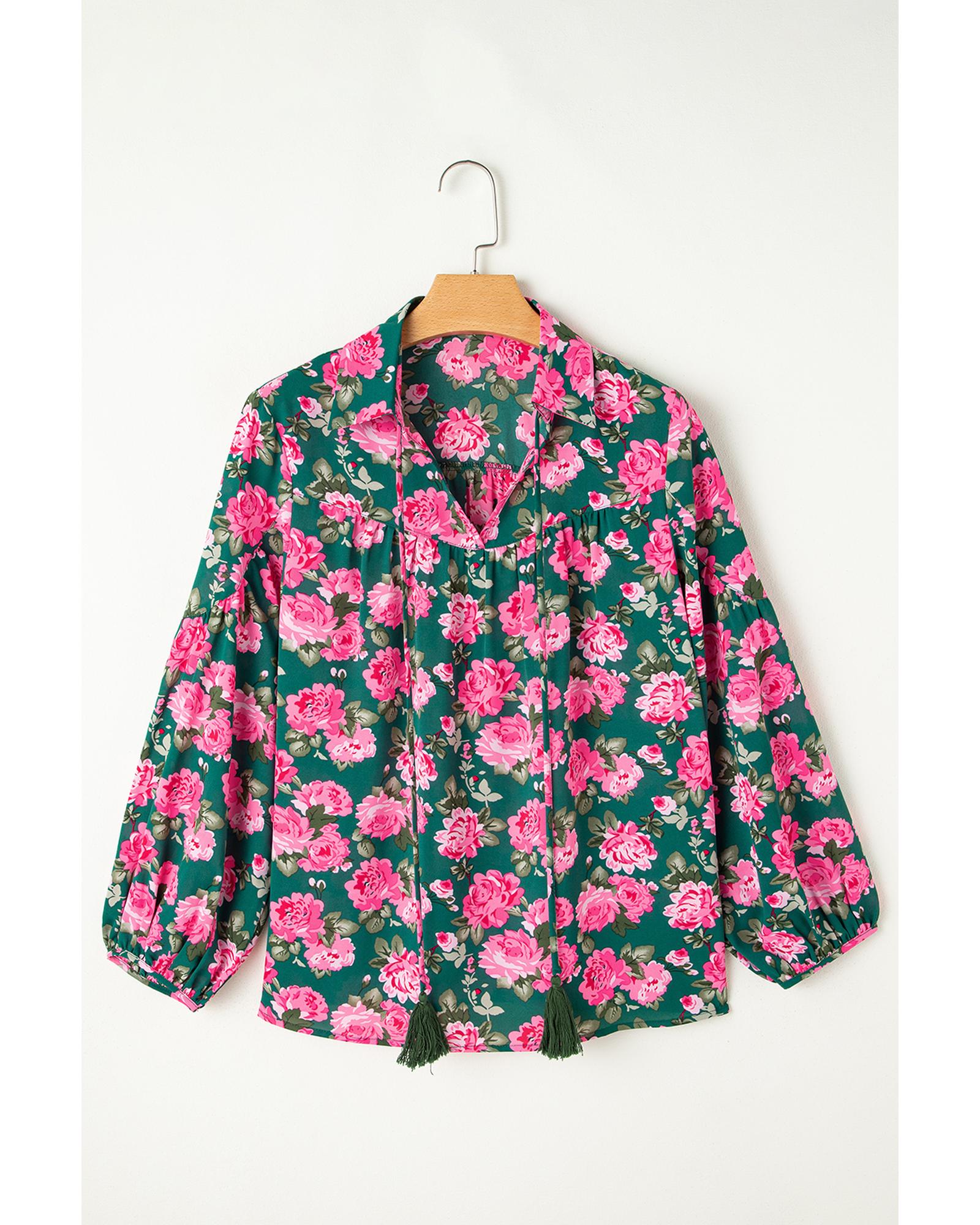 V539-AZEXDC25129572-P920-M-202508270820-00 Green Floral Printed Tied Collar Puff Sleeve Blouse - M - Image 1