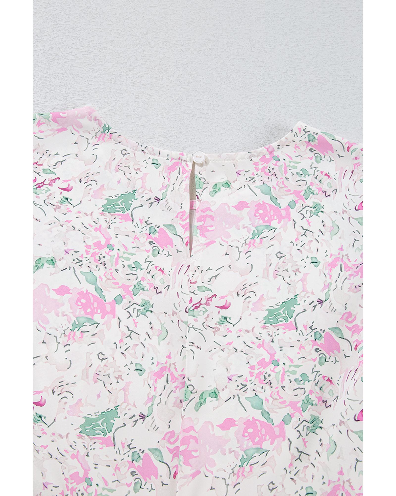 V539-AZEXDC25129574-P1020-S-202506120711-00 Pink Floral Print Shirred Balloon Sleeve Keyhole Back Babydoll Blouse - S - Image 1