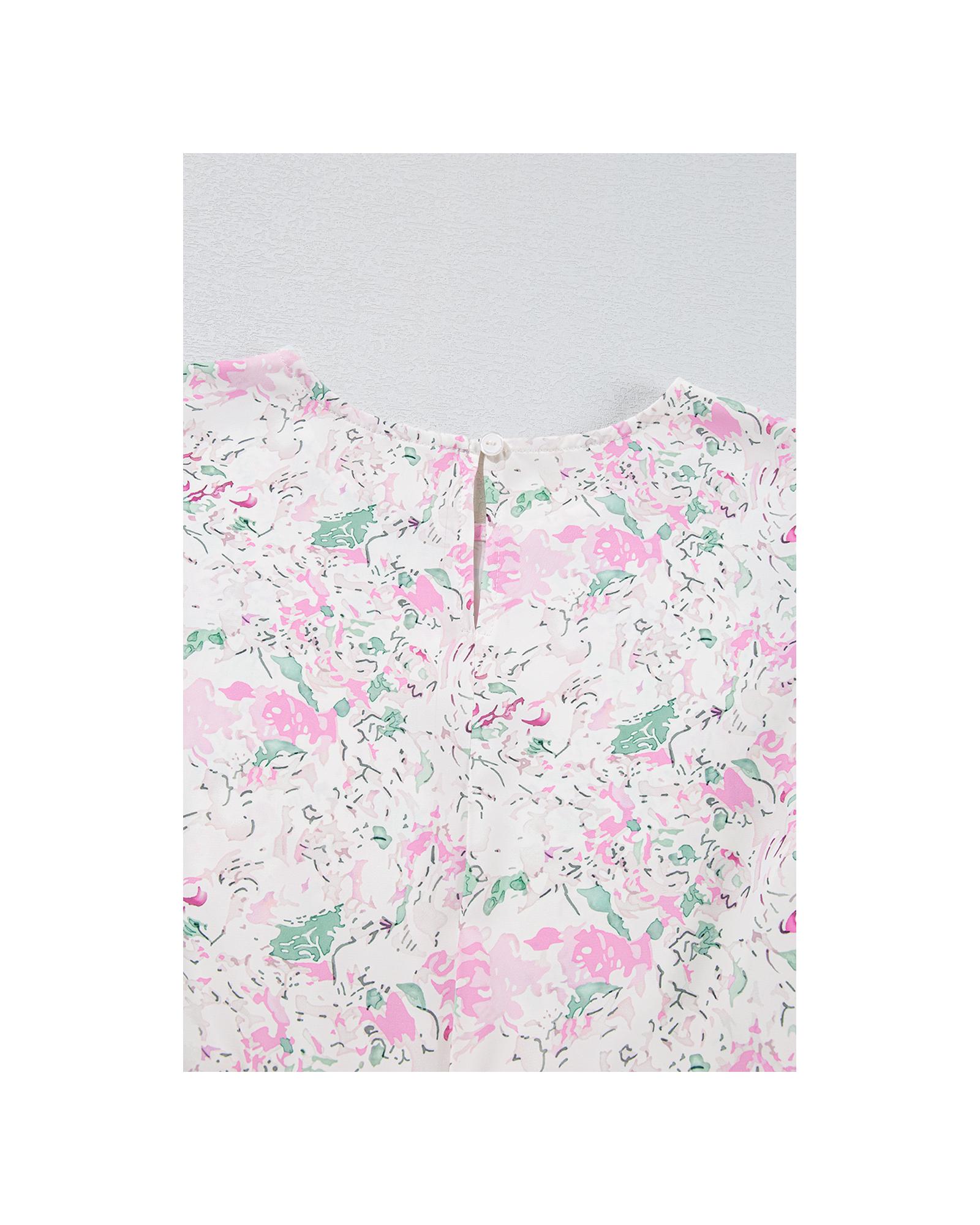 V539-AZEXDC25129574-P1020-XL-202508311705-00 Pink Floral Print Shirred Balloon Sleeve Keyhole Back Babydoll Blouse - XL - Image 1