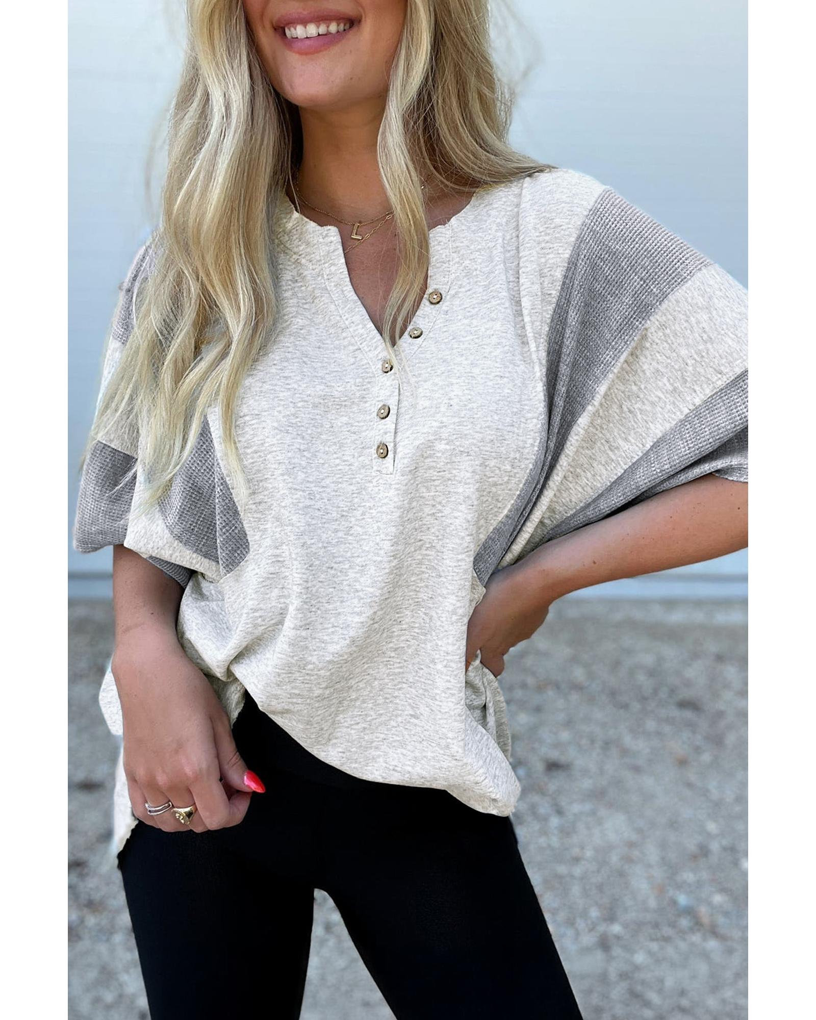 V539-AZEXDC25129590-P1011-XL-202508272040-00 Light Grey Two Tone Contrast Waffle Knit Patched Buttoned V Neck Top - XL - Image 1