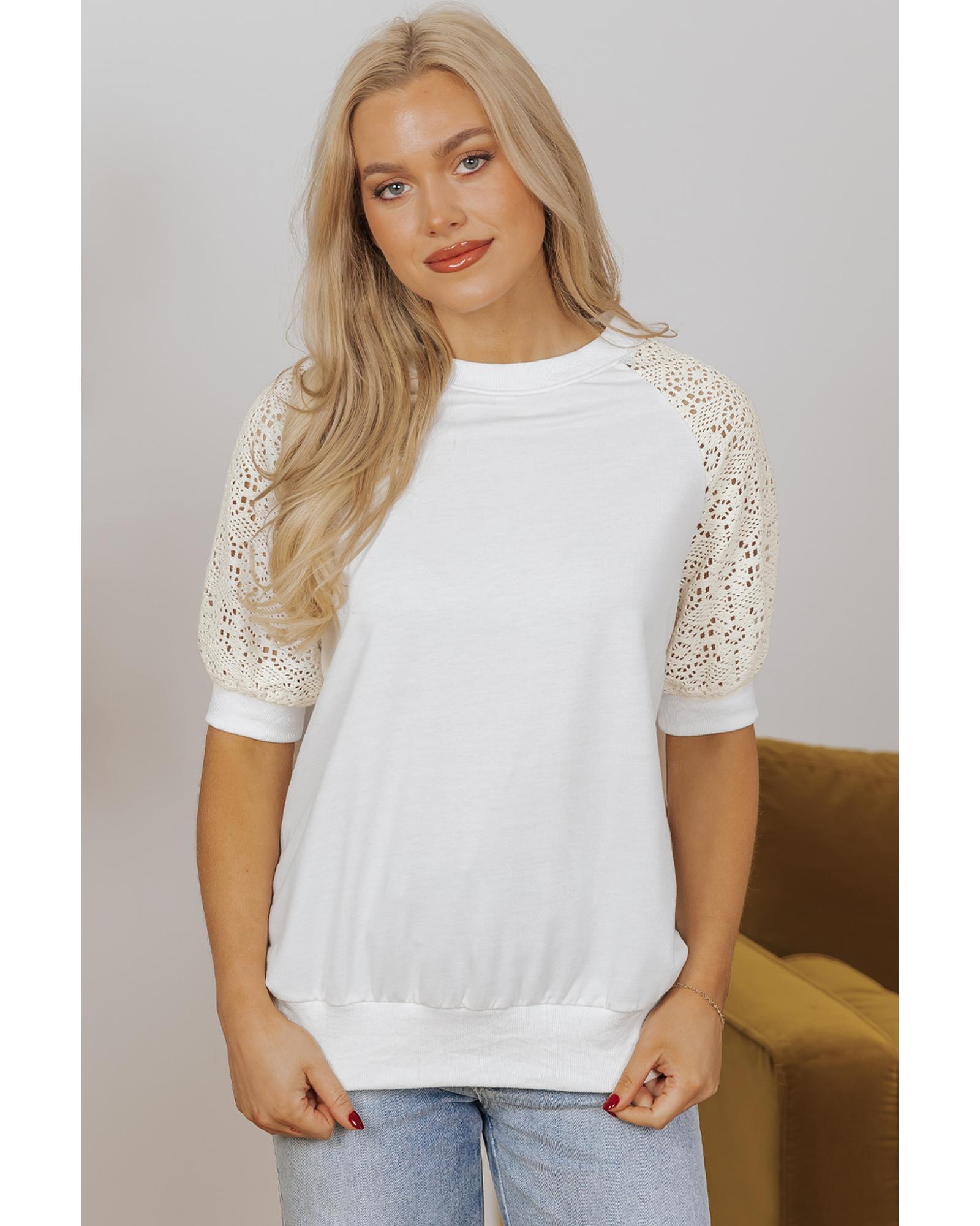 V539-AZEXDC25129601-P1-S-202506120811-00 White Lace Crochet Short Sleeve Round Neck T Shirt - S - Image 1