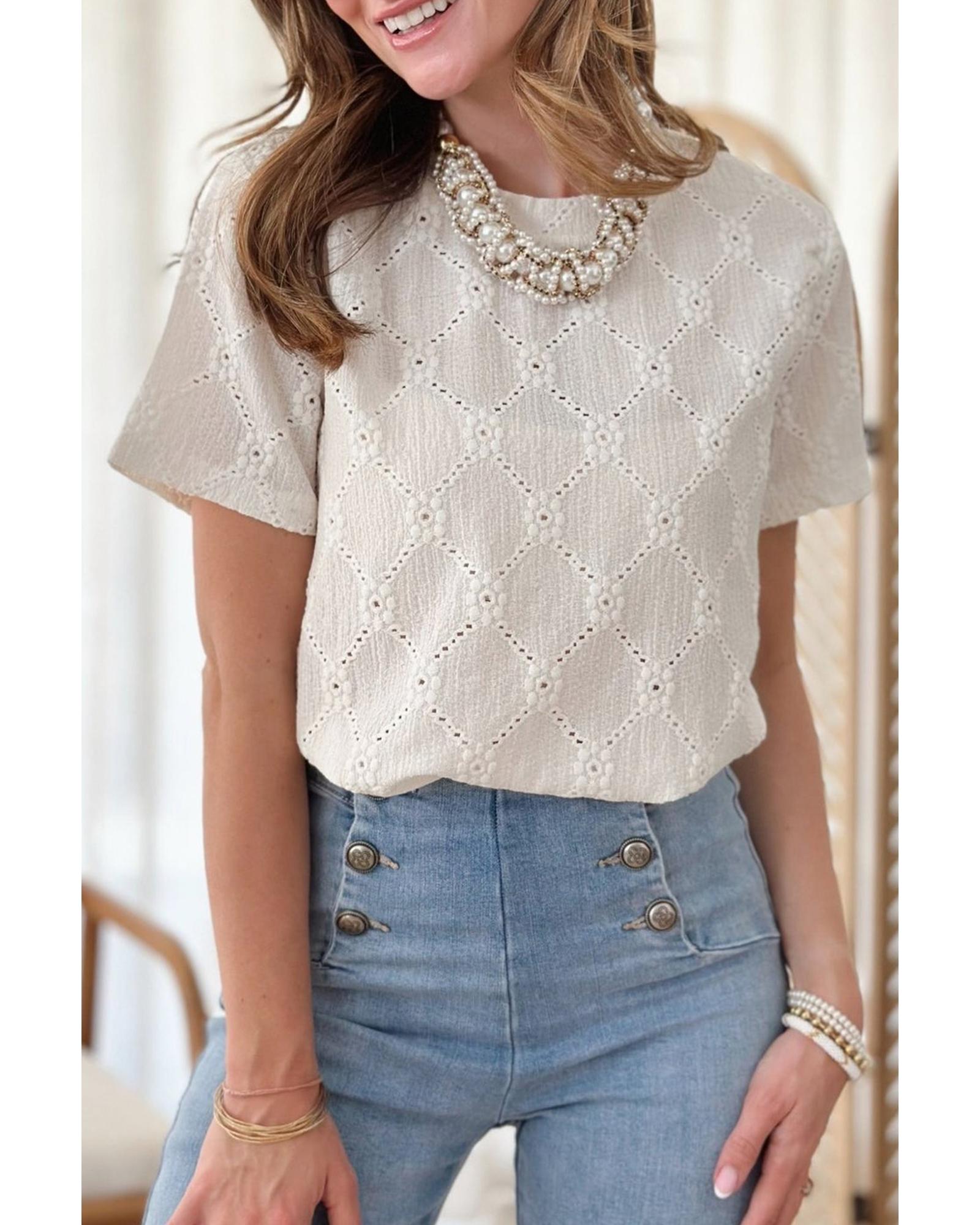 V539-AZEXDC25129604-P101-L-202508270735-00 White Geometric Embroidered Slim Fit O Neck T Shirt - L - Image 1