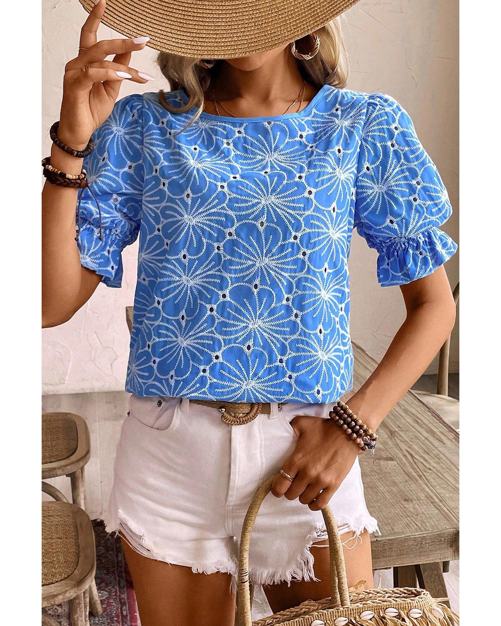 V539-AZEXDC25129630-P205-L-202508270945-00 Sky Blue Eyelet Flower Embroidery Frilled Short Puff Sleeve Blouse - L - Image 1