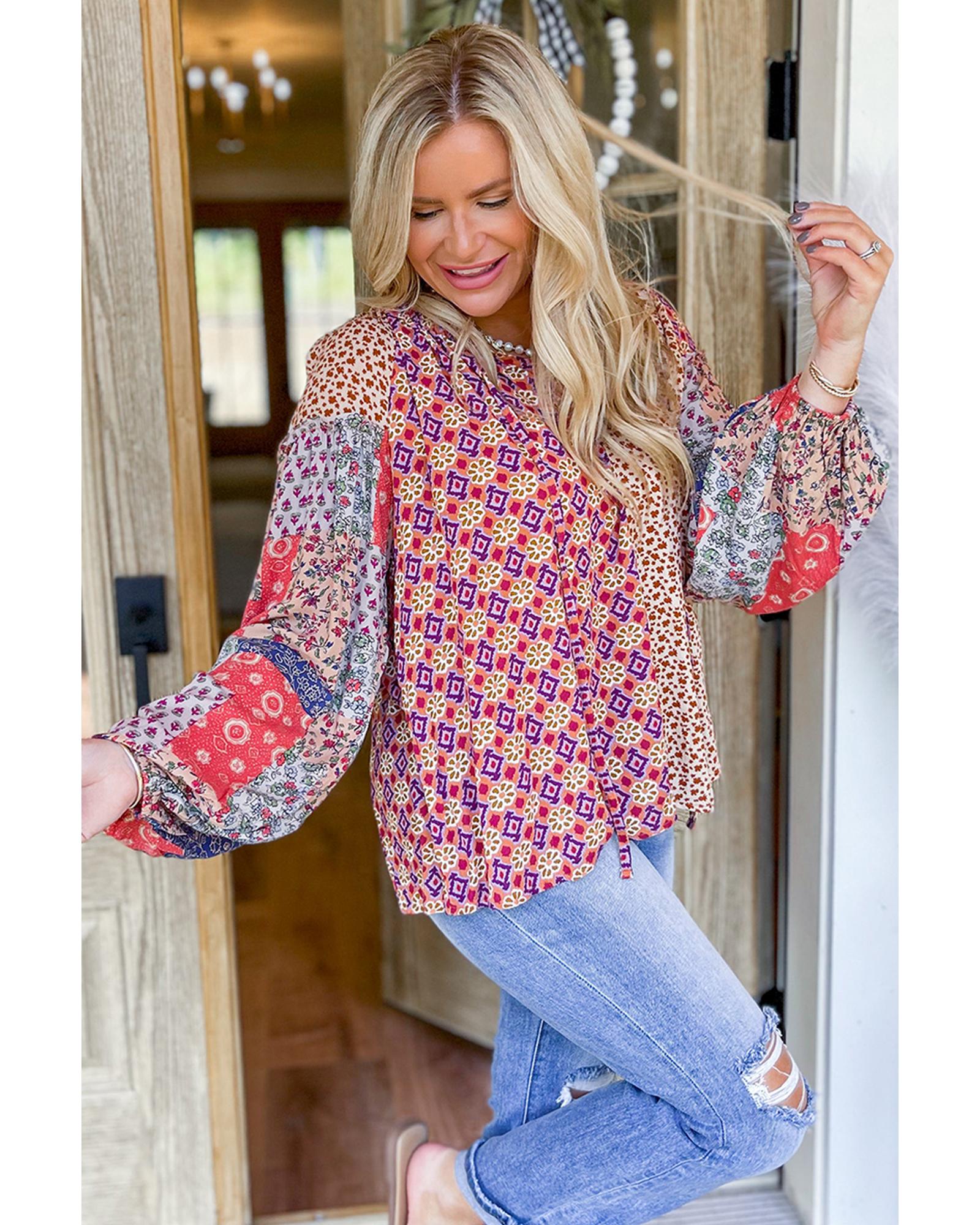 V539-AZEXDC25129660-P1420-L-202508272140-00 Orange Mixed Floral Printed Long Sleeve Tied V Neck Blouse - L - Image 1