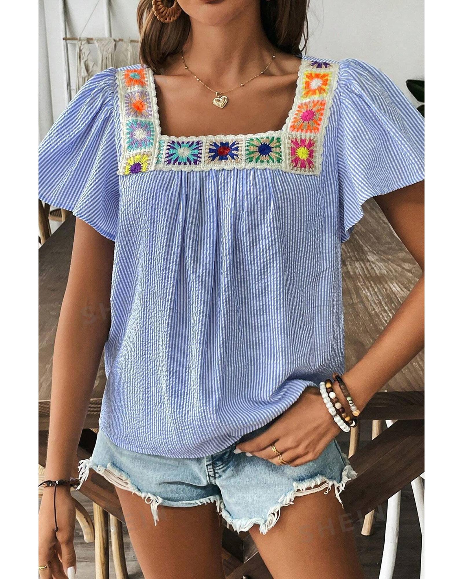 V539-AZEXDC25129670-P419-L-202508271325-00 Sky Blue Stripe Textured Ruffle Short Sleeve Boho Detail Square Neck Blouse - L - Image 1