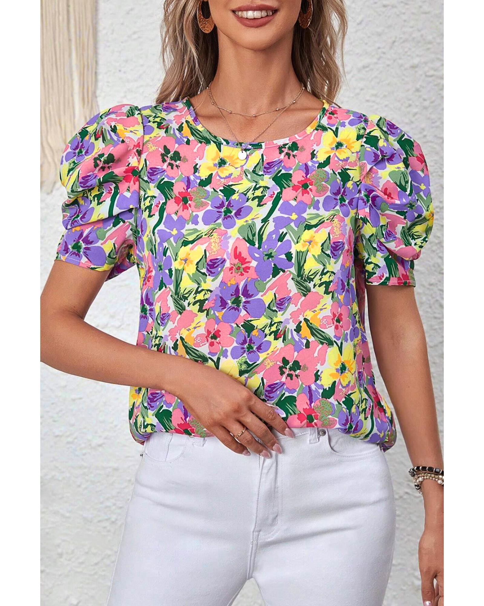 V539-AZEXDC25129671-P820-M-202508272035-00 Purple Floral Print Puff Short Sleeve Crew Neck Blouse - M - Image 1