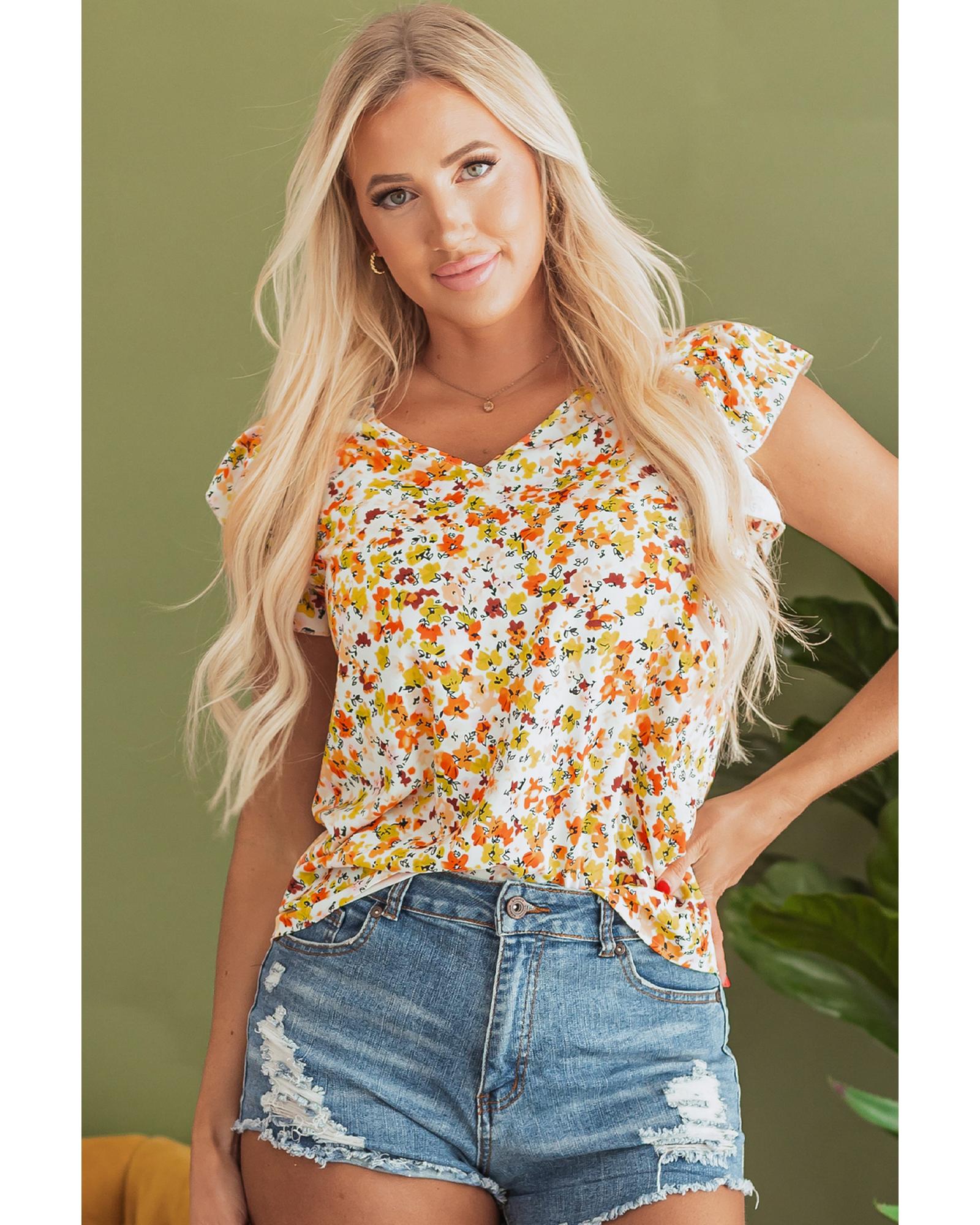 V539-AZEXDC25129675-P920-S-202506120316-00 Green Floral Print Ruffled Sleeveless V Neck Tank Top - S - Image 1