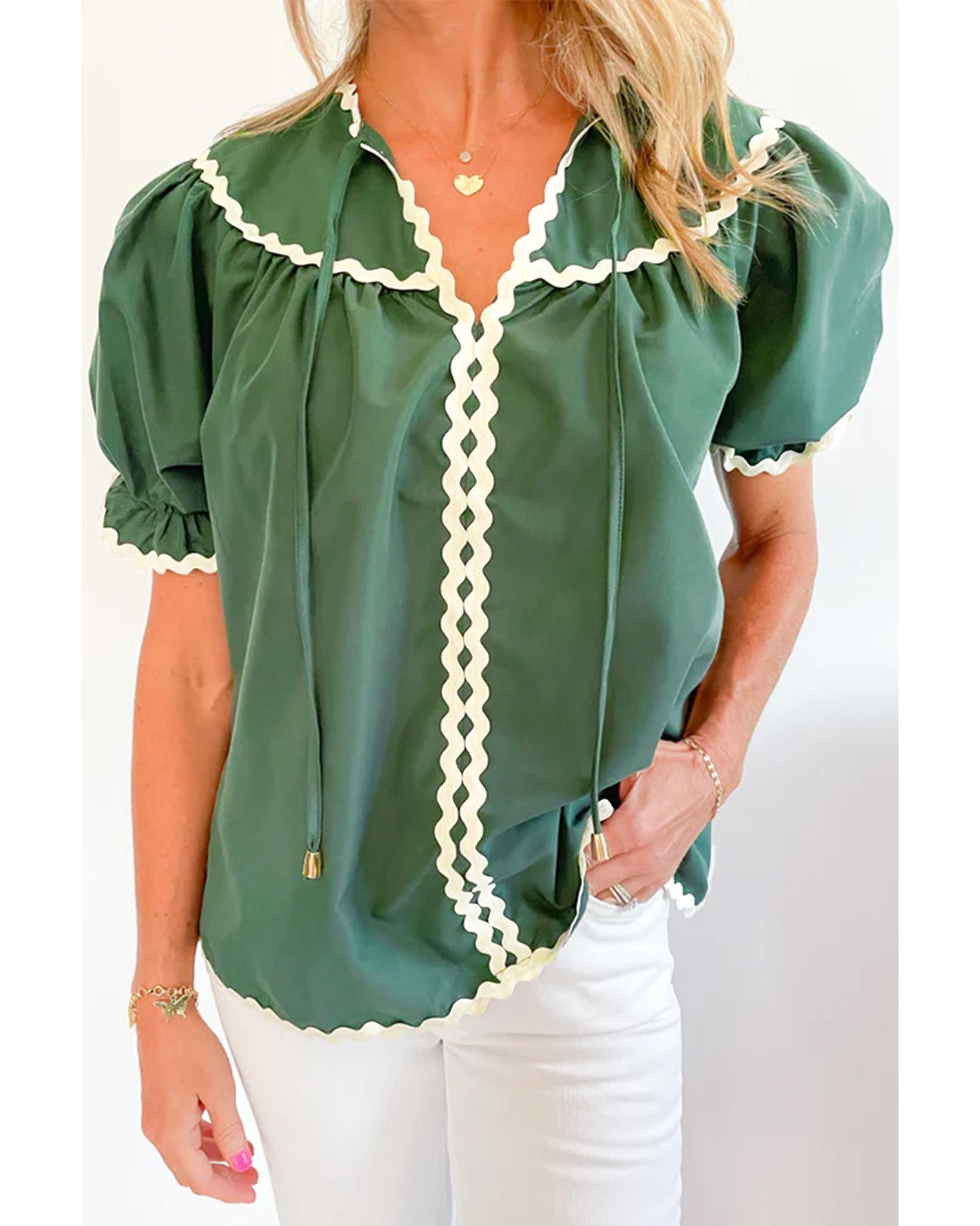 V539-AZEXDC25129711-P509-S-202506120340-00 Mist Green Ric Rac Trim Tie Split Neck Short Sleeve Blouse - S - Image 1