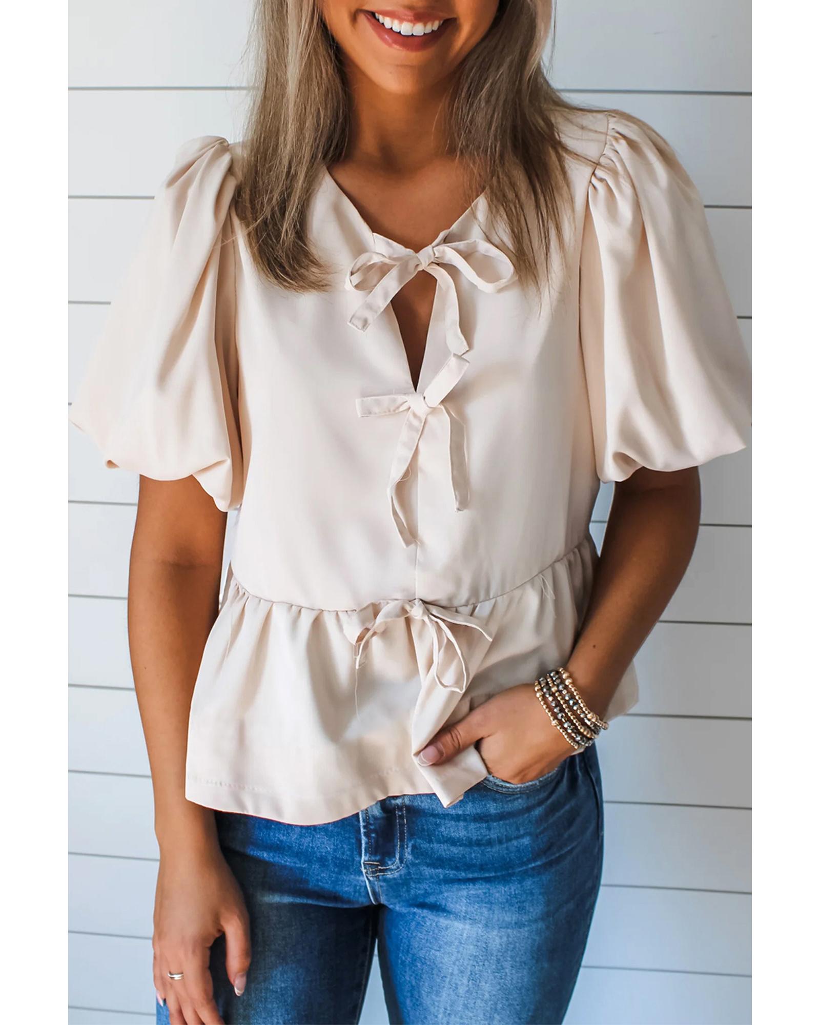 V539-AZEXDC25129762-P101-XL-202508271340-00 White Bow Tie Short Puff Sleeve Ruffle Hem Blouse - XL - Image 1