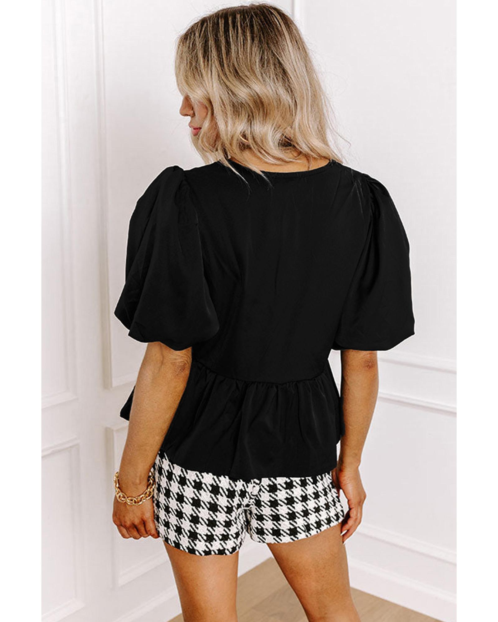 V539-AZEXDC25129788-P2-S-202506120417-00 Black Puff Sleeve Bowknot Front Peplum Blouse - S - Image 1