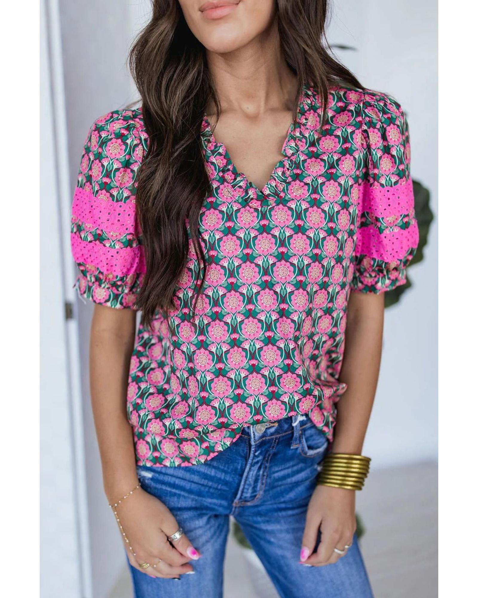 Sachet Pink V-Neck Ruffle Abstract Floral Print Puff Sleeve Top - S