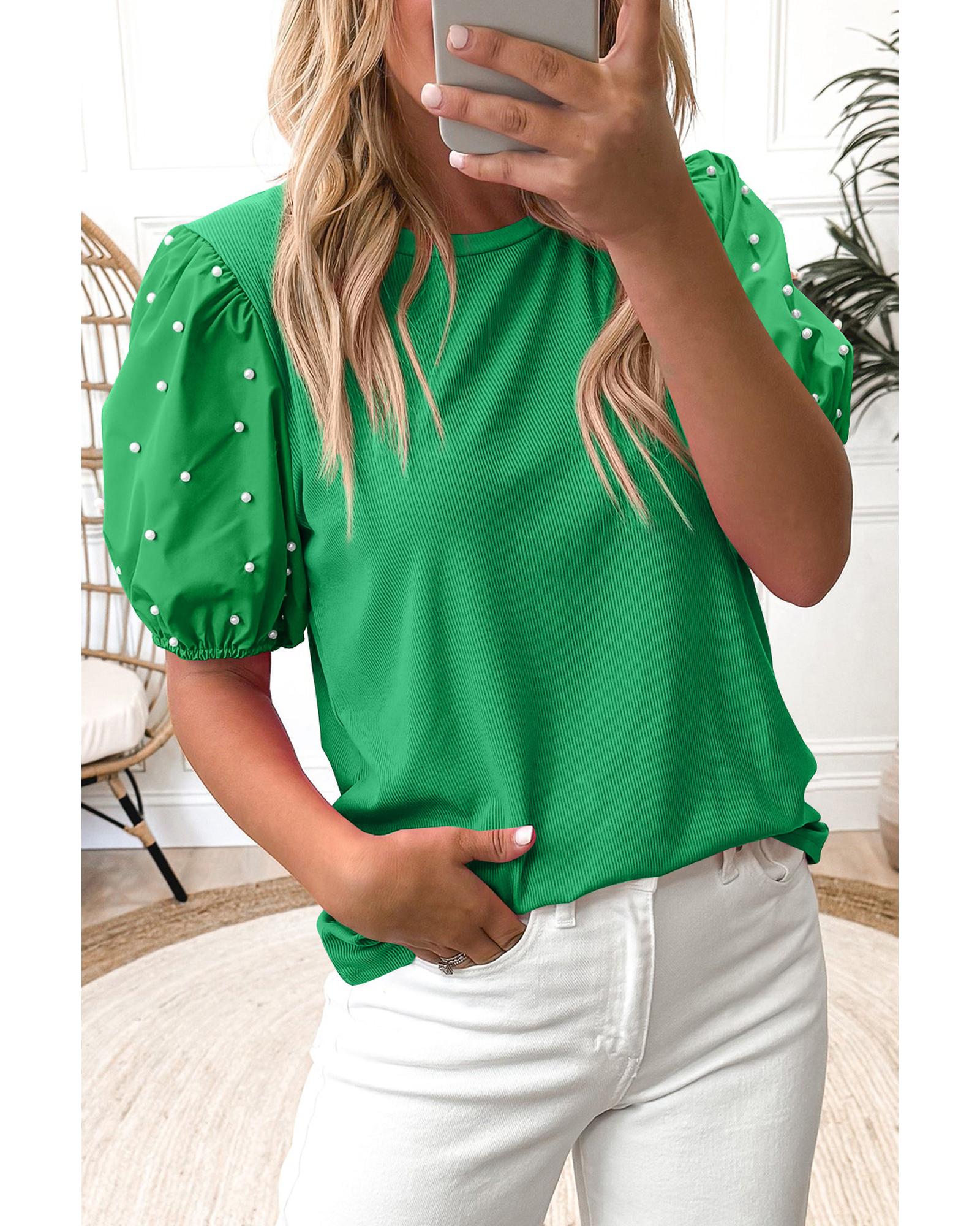 V539-AZEXDC25129817-P109-L-202508270206-00 Bright Green Ribbed Pearl Beaded Puff Sleeve Top - L - Image 1